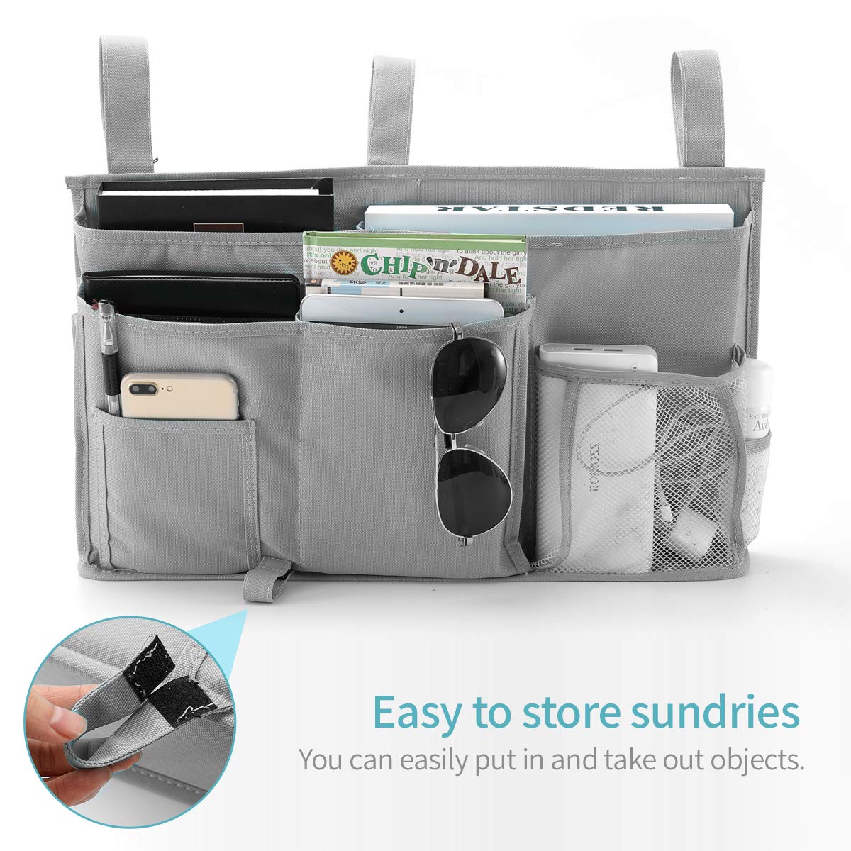 Space-Saving Bunk Bed Organizer with 8 Pockets - Hanging Storage Caddy for Magazines, Books & Essentials - Durable 600D Oxford Cloth (Gray) - Perfect for College Dorms, Hospital Beds & Baby Bed Rails - Keep Your Bedside Neat & Organized
