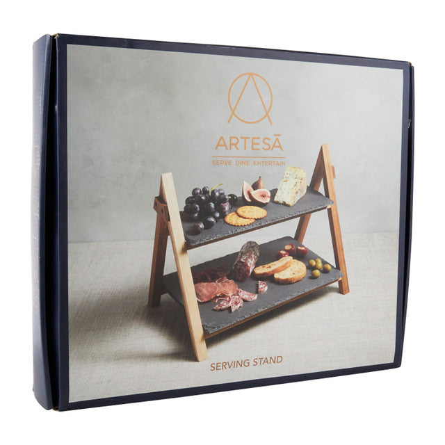 Artesà 2 Tier Slate and Wood Serving Stand - Elegant Cheese Board and Charcuterie Display for Parties, Weddings, and Entertaining