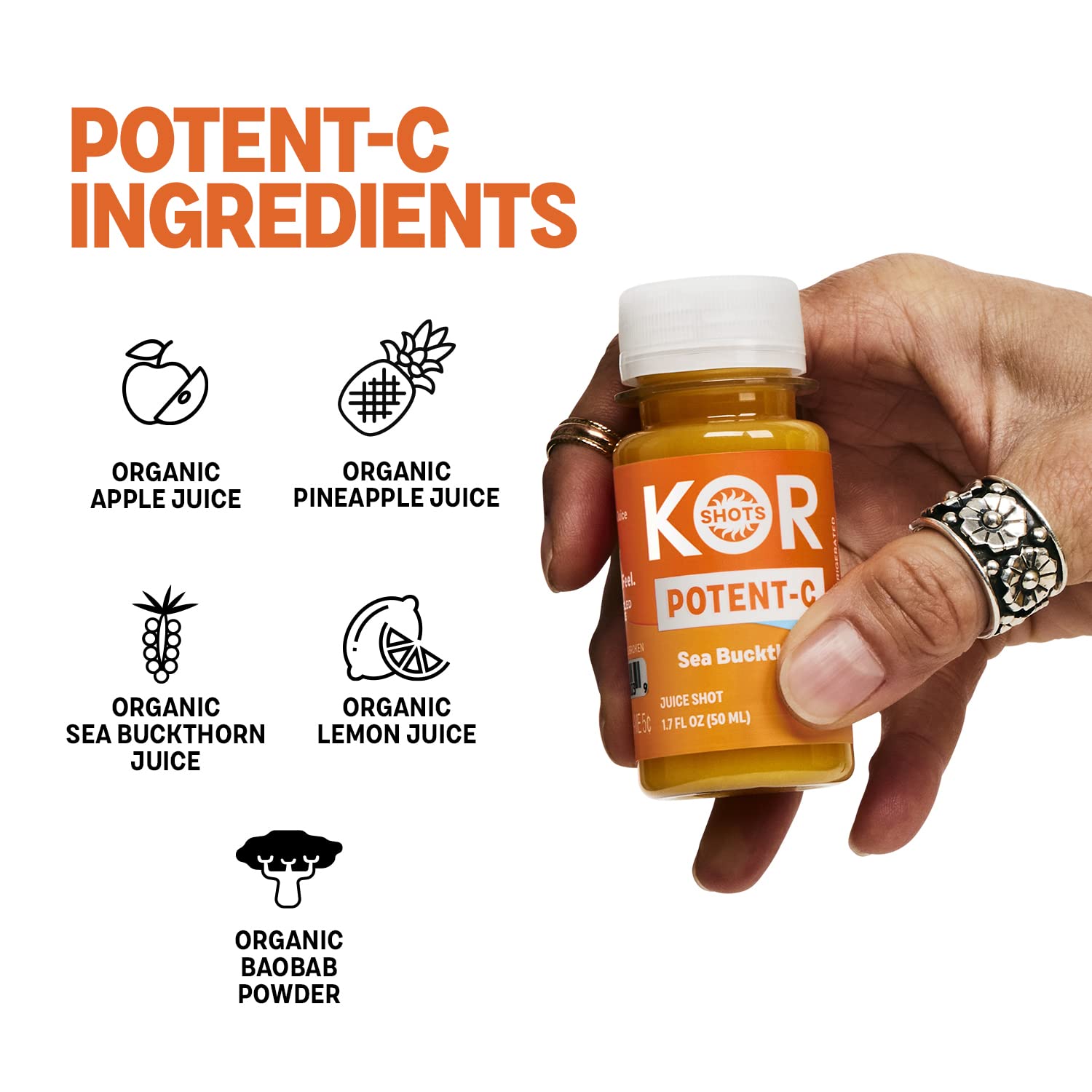 Organic KOR Shots Sea Buckthorn & Baobab Superfood Vitamin C Shot - 24 Pack (1.7 Fl Oz Each) - USDA Certified, Immune Support, Antioxidant Boost - Perfect for Daily Wellness & On-the-Go Nutrition