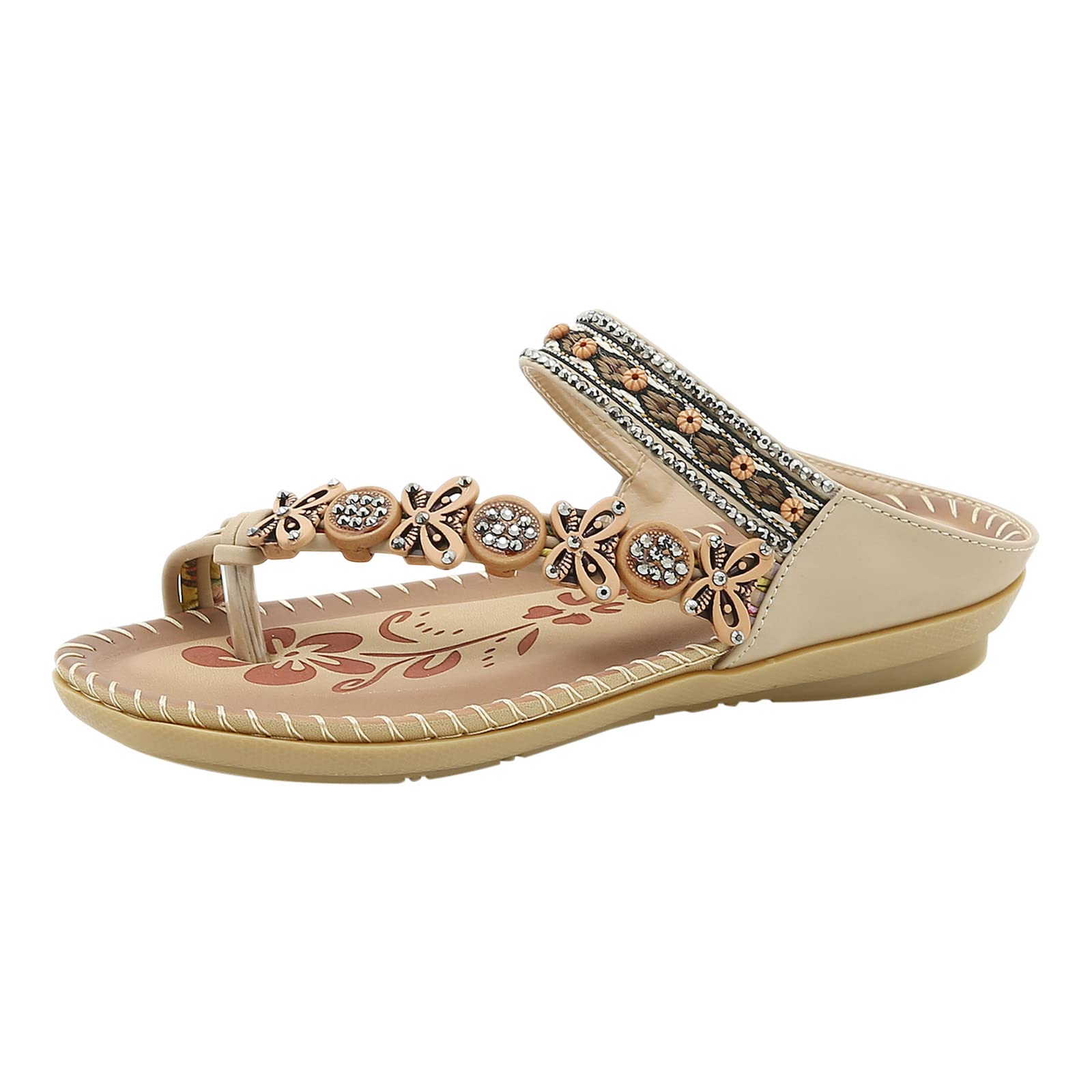 Women's Bohemian Flower Rhinestone Flat Sandals - Comfortable Summer Beach Sandals for Outdoor Walking, Vacation & Casual Wear