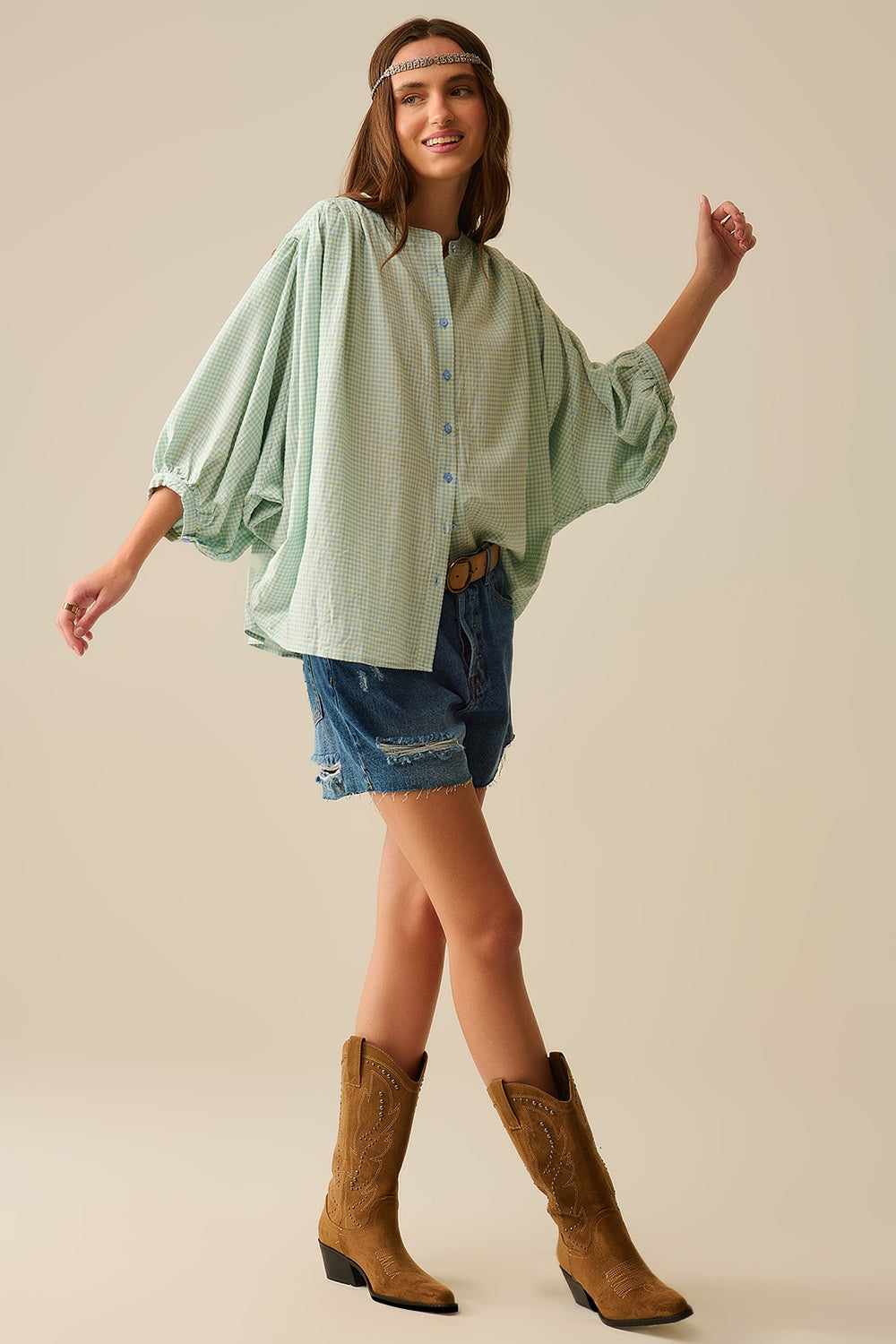 Blue Vichy Check Oversized Shirt for Women - Casual Loose Fit Blouse for Spring & Summer Outfits