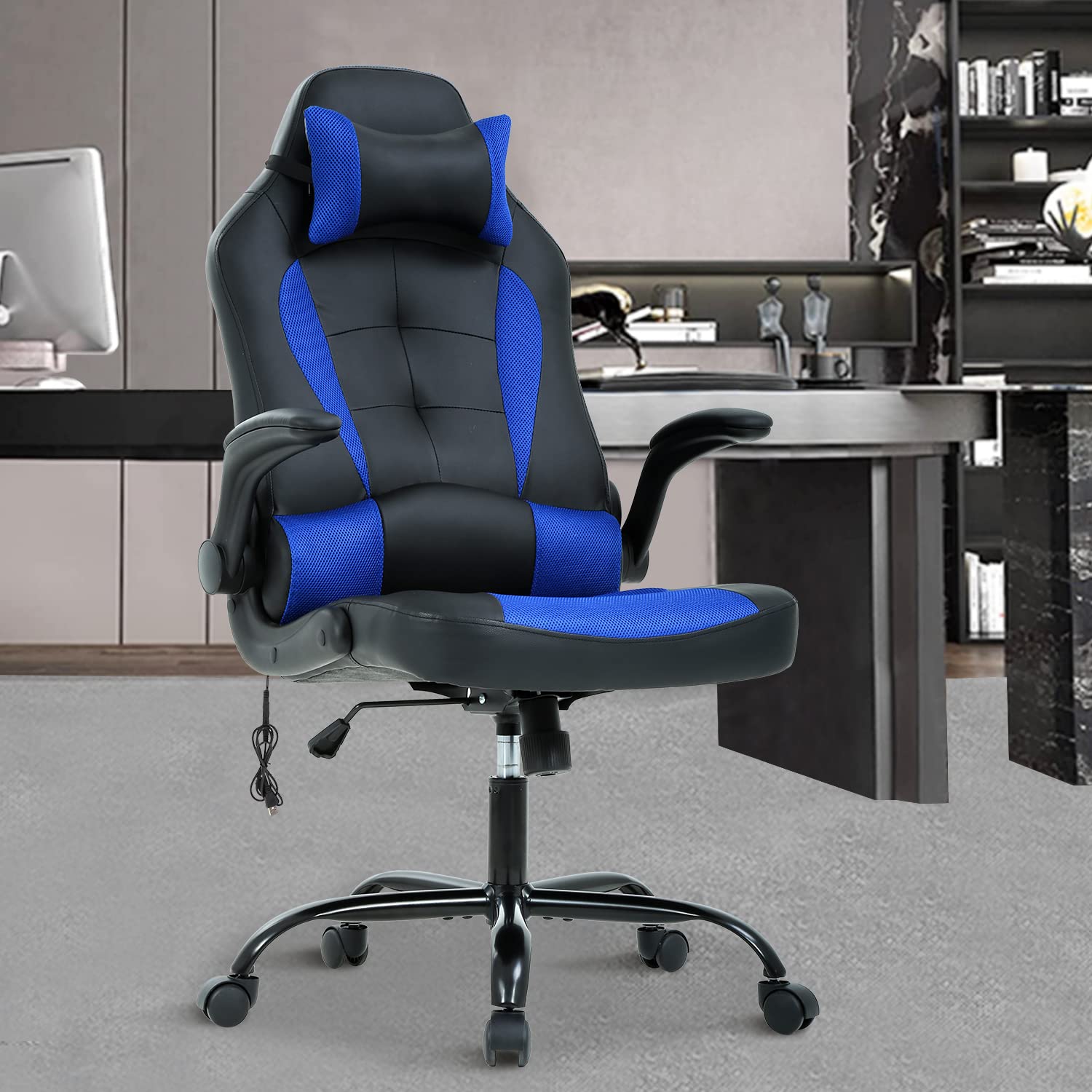 Ergonomic Racing Gaming Chair for Adults - High Back PU Leather Computer Desk Chair with Thickened Lumbar Support & Adjustable Flip-Up Arms - Perfect for Home Office, Gaming Setup & Workstation Use
