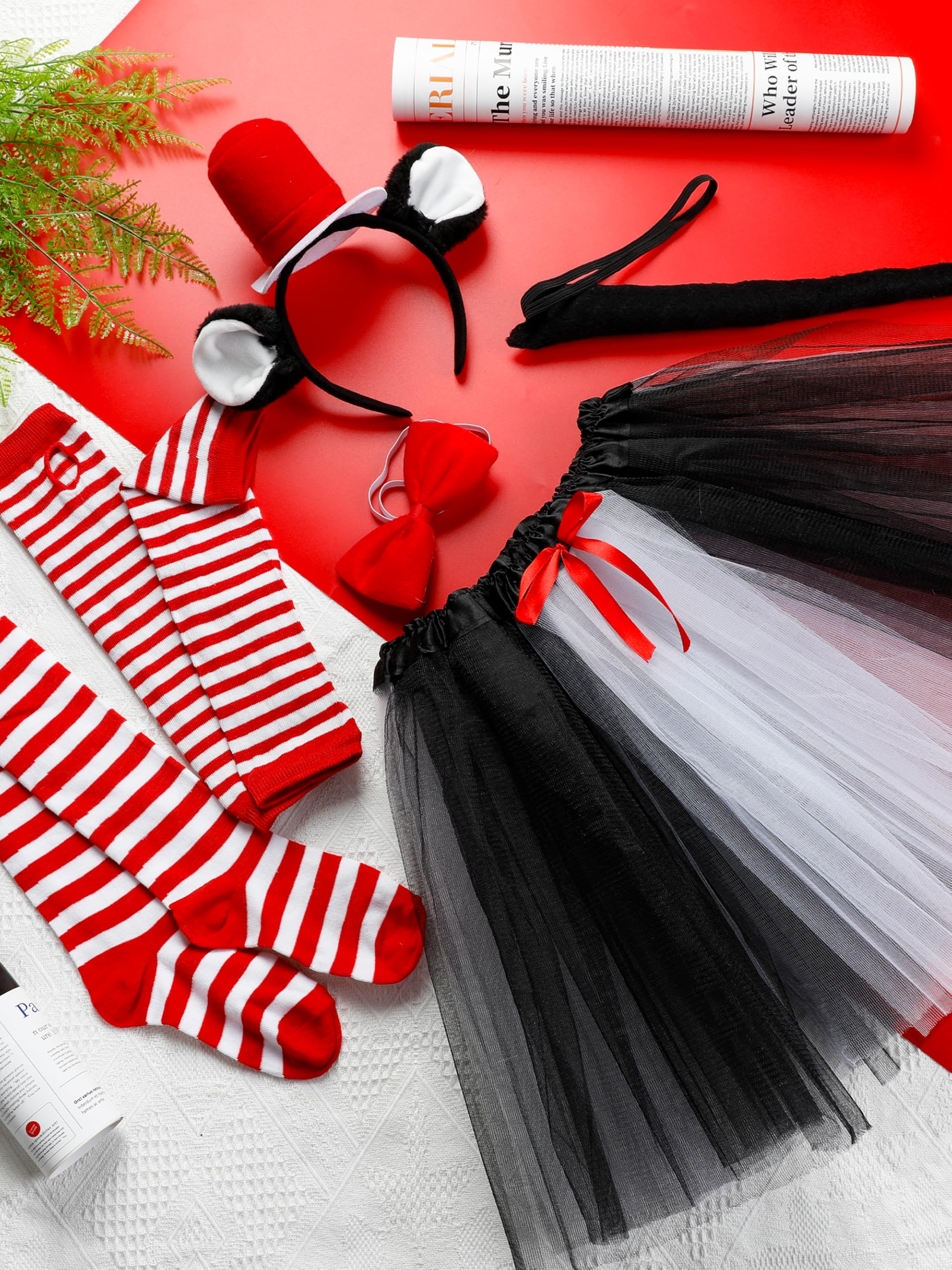 8PCS Cat Costume Set - Cat Ear Top Hat, Headband, Tutu Skirt, Bowtie, Tail, Socks & Gloves for Halloween Cosplay, Party Dress Up, Anime Convention & Pet Lover Gifts