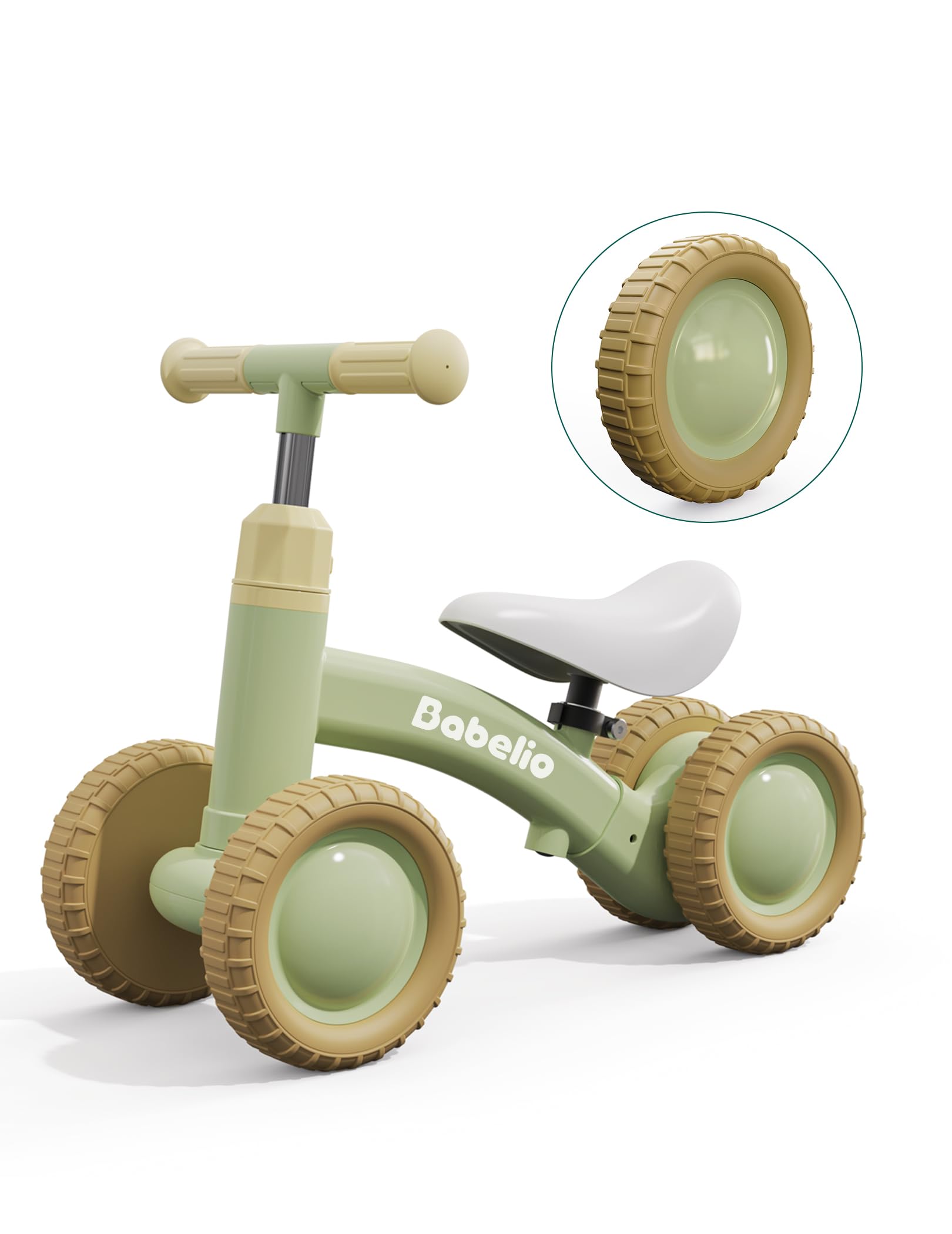 BABELIO Updated Baby Balance Bike for 1-3 Year Old Boys & Girls | 10-36 Month Toddler Training Bike | 4-Wheel Off-Road Design | Adjustable Seat & Handlebar - Green | Perfect for Indoor & Outdoor Learning to Ride
