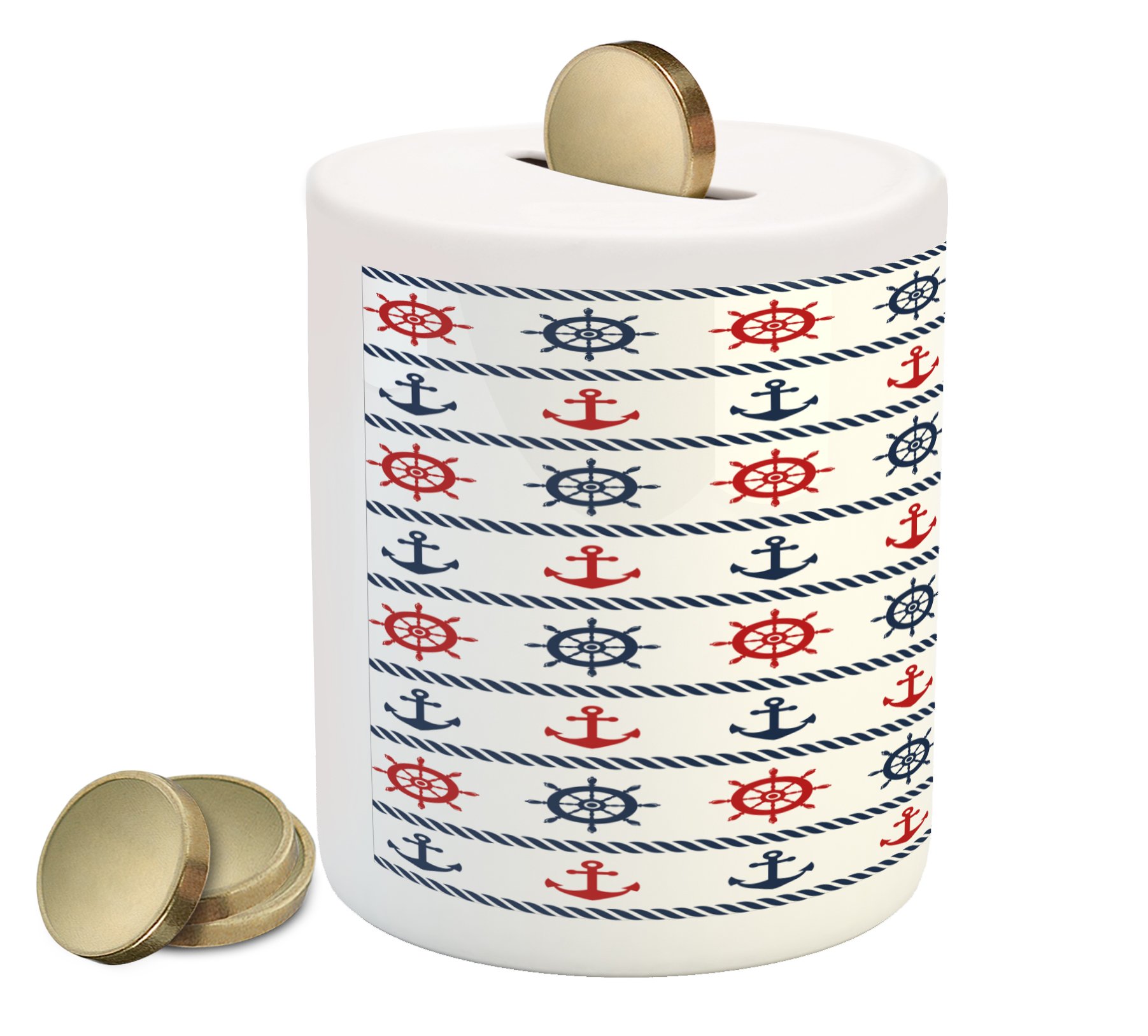 Ceramic Anchor Piggy Bank with Marine Design - Navy Blue, Red & White Coin Bank for Cash Saving (3.6