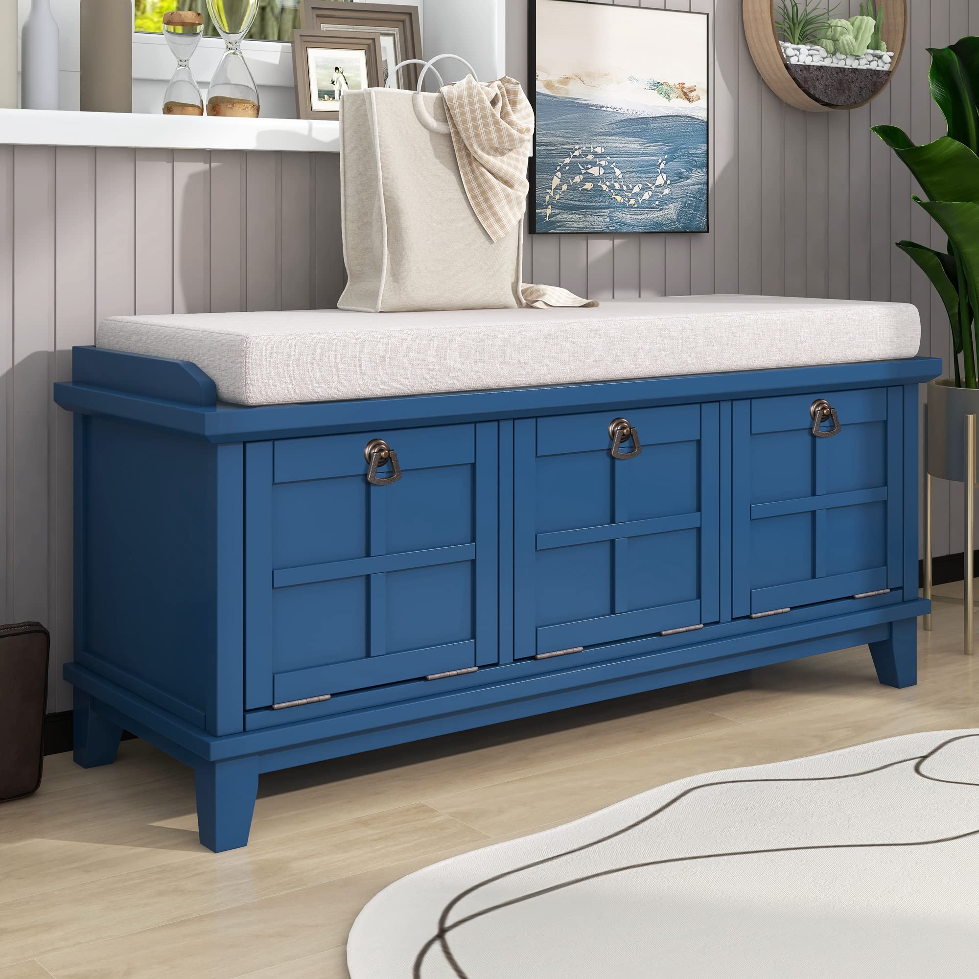 P PURLOVE Storage Bench with Removable Cushion & 3 Drop-Down Doors - Entryway Shoe Bench for Living Room, Hallway & Mudroom Organization (Navy Blue) | Perfect for Small Spaces, Shoe Storage & Entryway Seating
