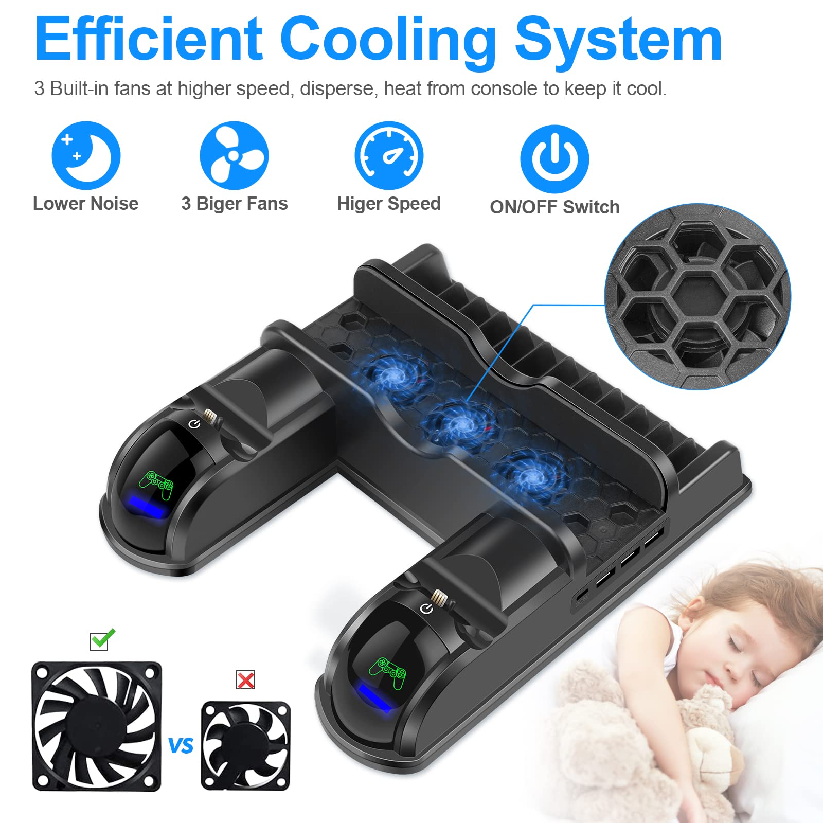 PS4 Stand Cooling Fan Station for Playstation 4/PS4 Slim/PS4 Pro - Vertical Stand with Dual Controller Charger Dock, 12 Game Storage Slots & USB Fast Charging LED Indicator - Perfect for Gaming Setup & Console Protection