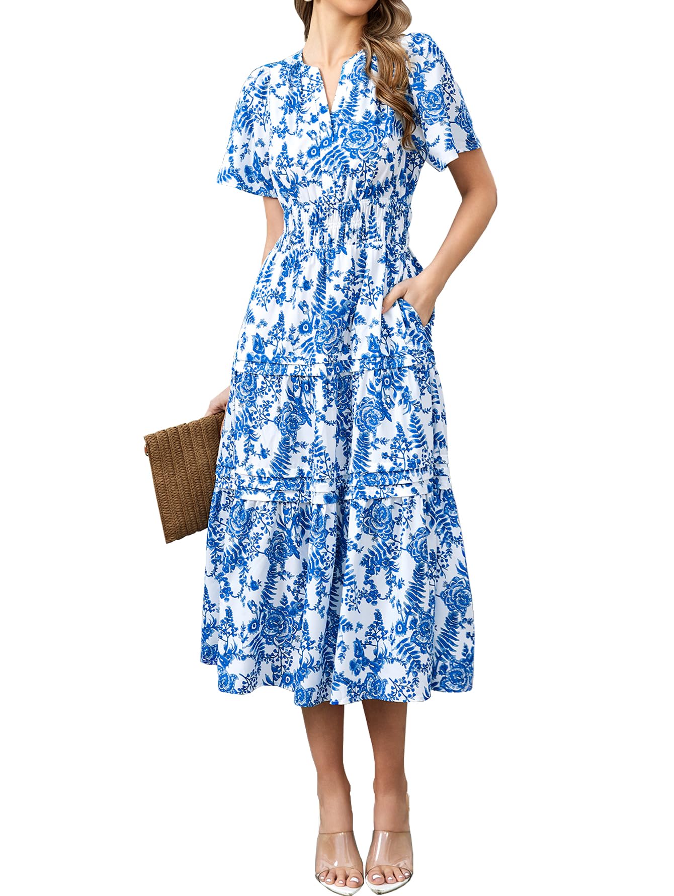 KUTUMAI Women's Floral Midi Dress 2024 | Short Sleeve V-Neck Boho Summer Dress with Tiered Ruffle & Pockets | Casual Beach Wear, Garden Party, Vacation Outfit