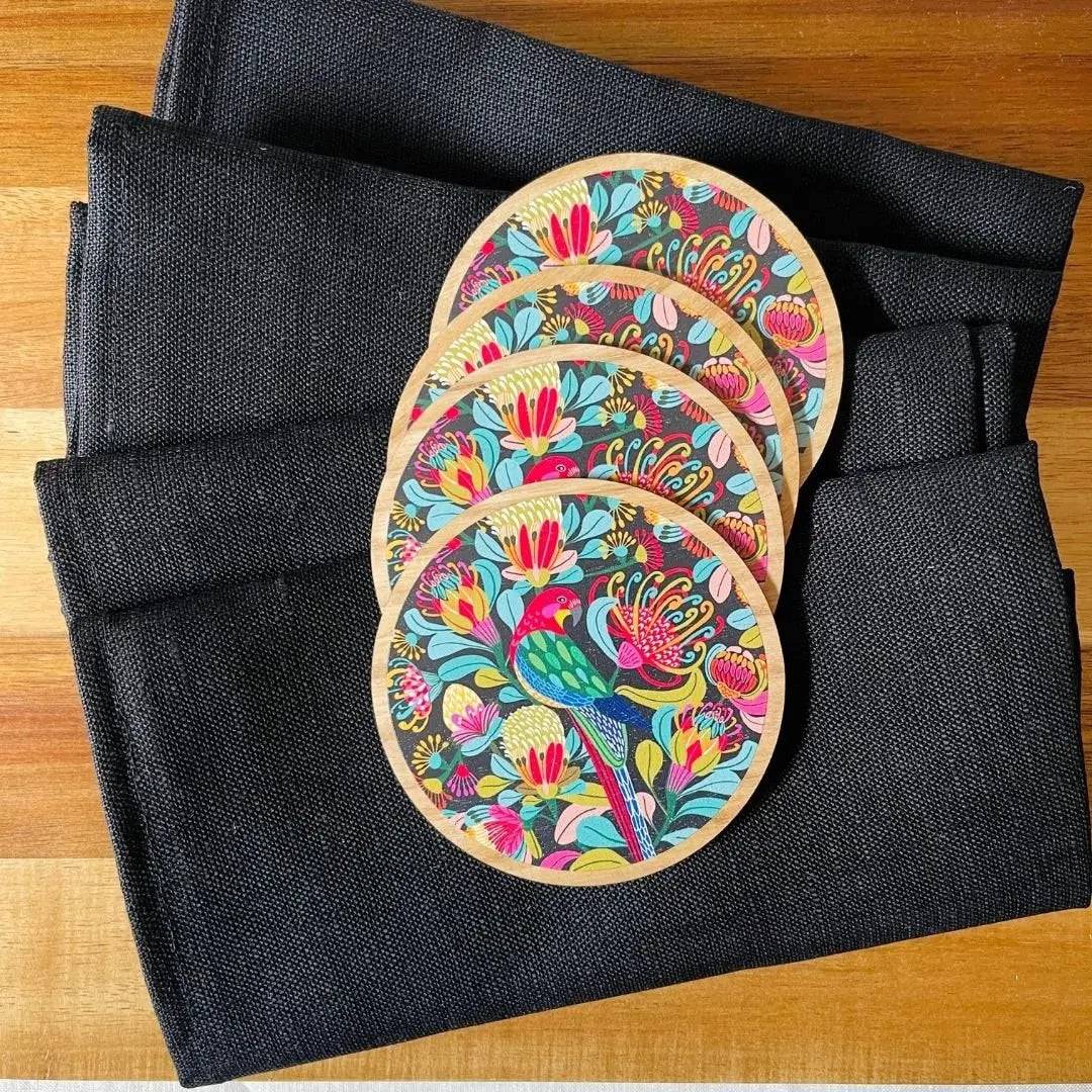 Premium Australian Rosella Parrot Coaster and Napkin Set - 6-Piece Bird-Themed Drinkware for Home Decor, Kitchen, and Party Use | Perfect for Dining, Entertaining, and Gift Giving