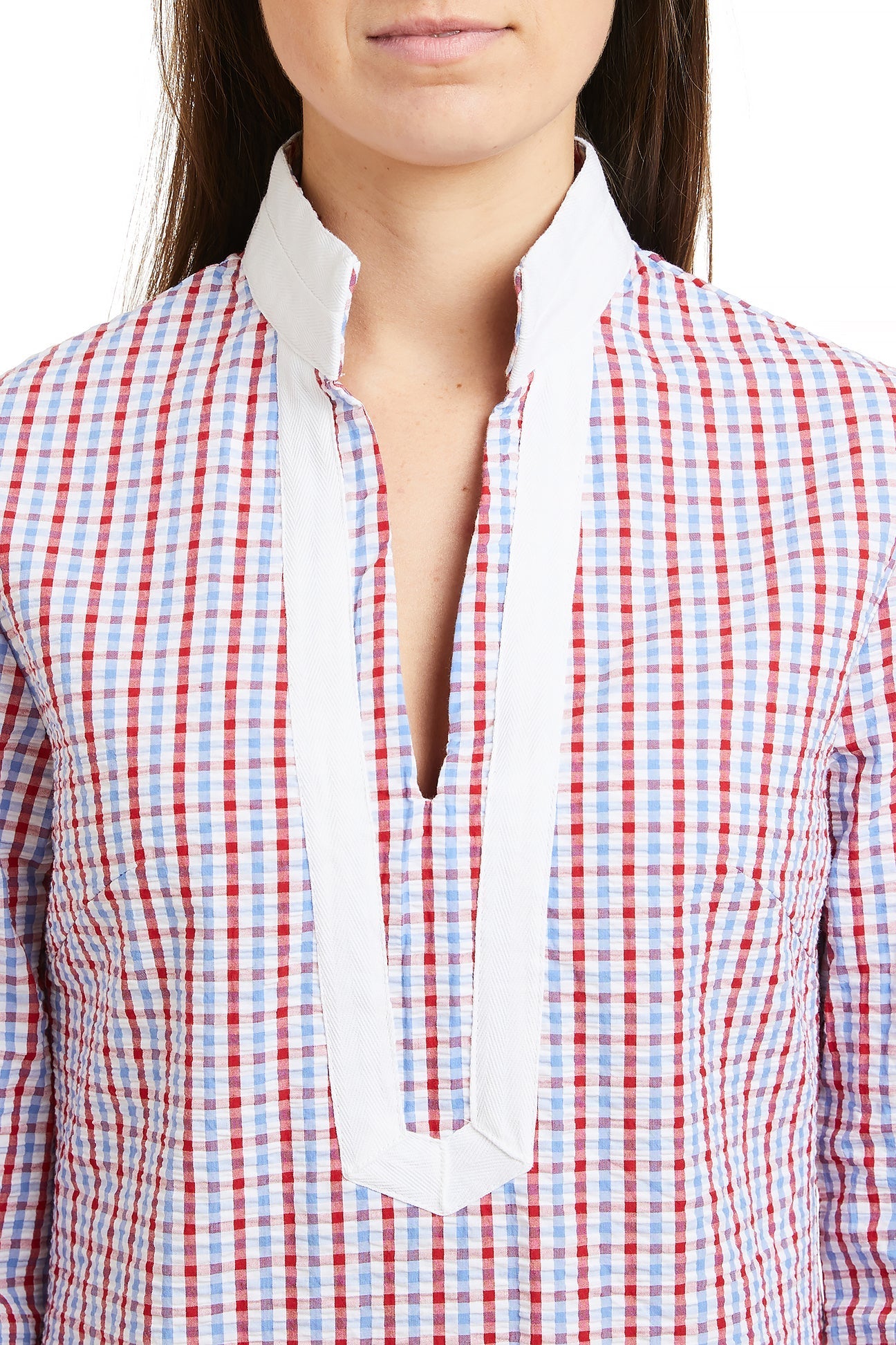 Red, White & Blue Seersucker Check Tunic Top with White Trim - Casual Summer Wear for Women, Perfect for Beach Outings and Picnics