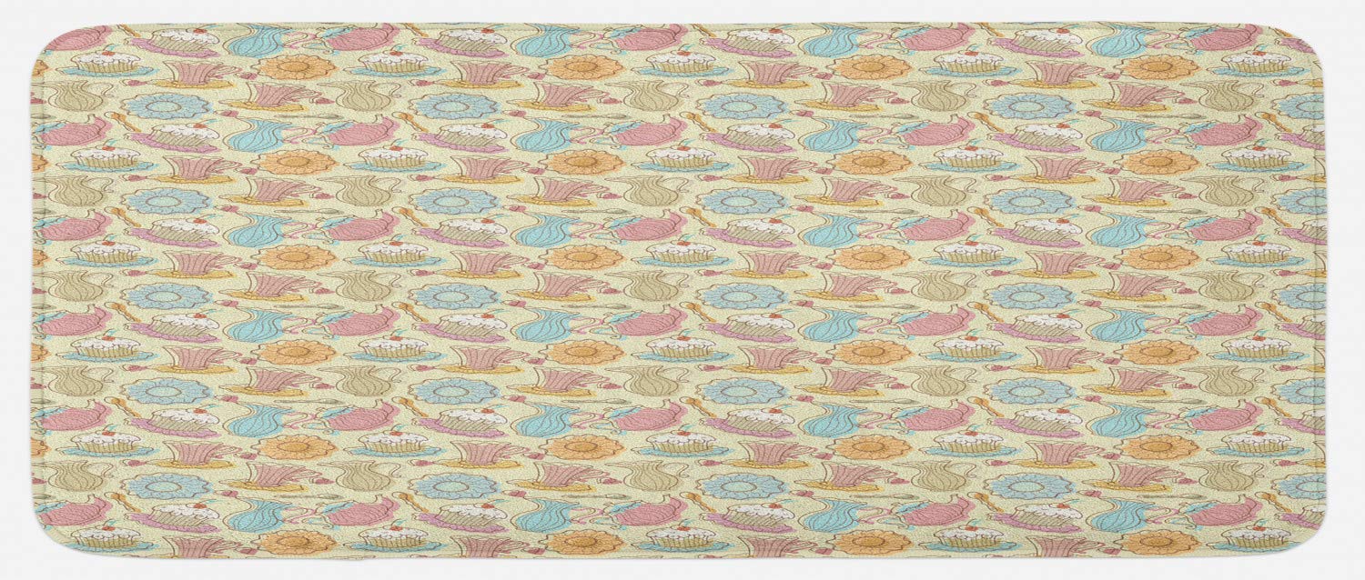 Ambesonne Tea Party Kitchen Mat, Non-Slip Plush Rug, 47x19