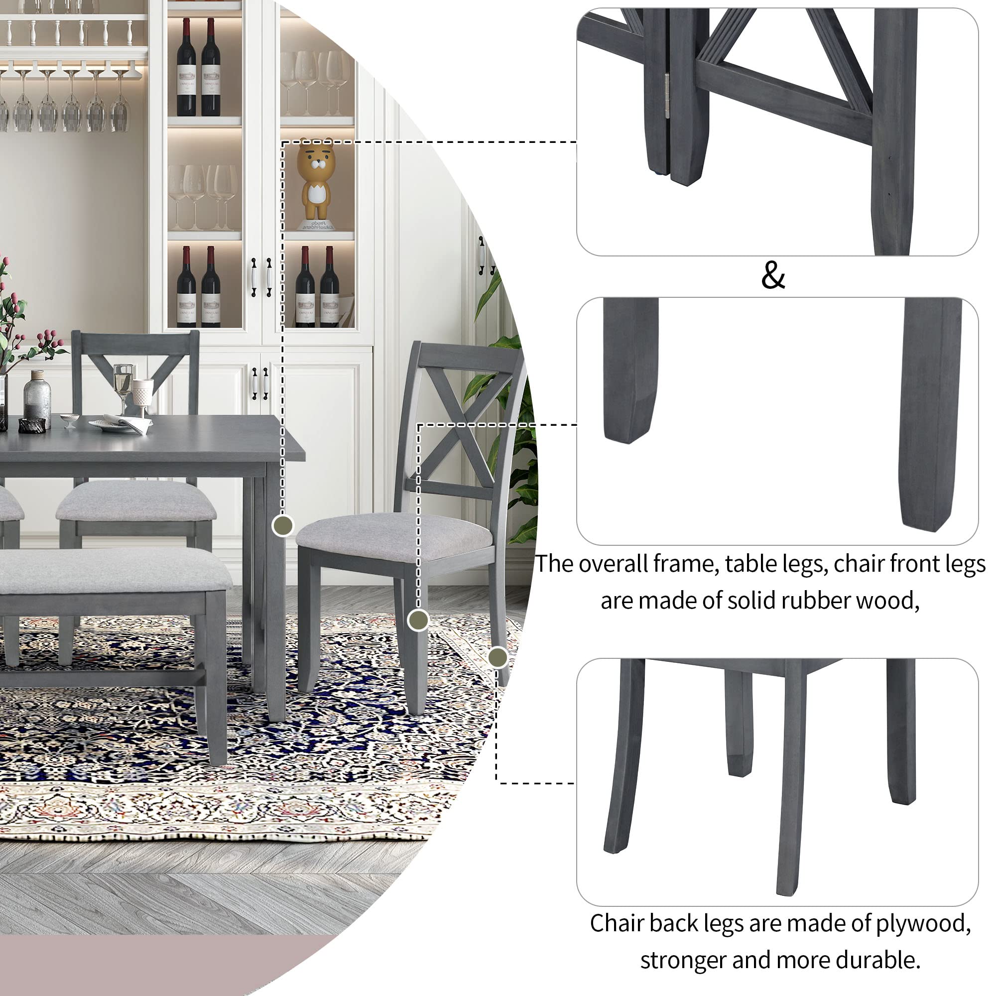 6-Piece Wooden Dining Table Set with Foldable Table, Upholstered Bench & 4 Chairs - Kitchen & Living Room Furniture for Family Gatherings (Gray) | Perfect for Small Spaces, Dinner Parties & Everyday Meals