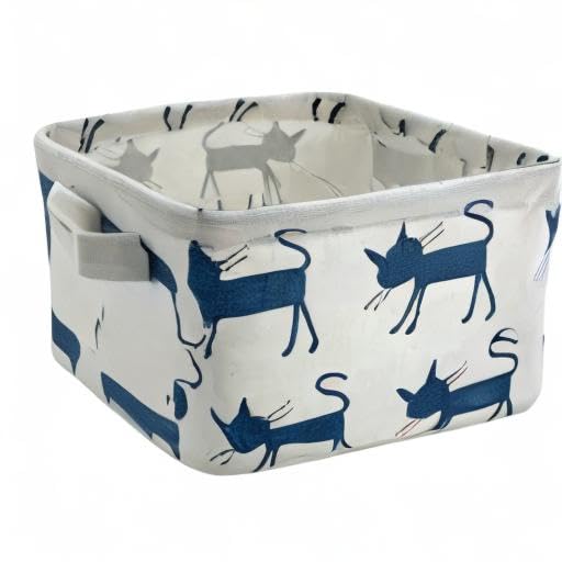 Mziart Small Foldable Canvas Storage Basket with Handles - Cotton Linen Organizer Bin for Nursery, Kids Room, Shelves & Desks - Perfect for Toys, Books & Home Organization (Blue Cat Design)