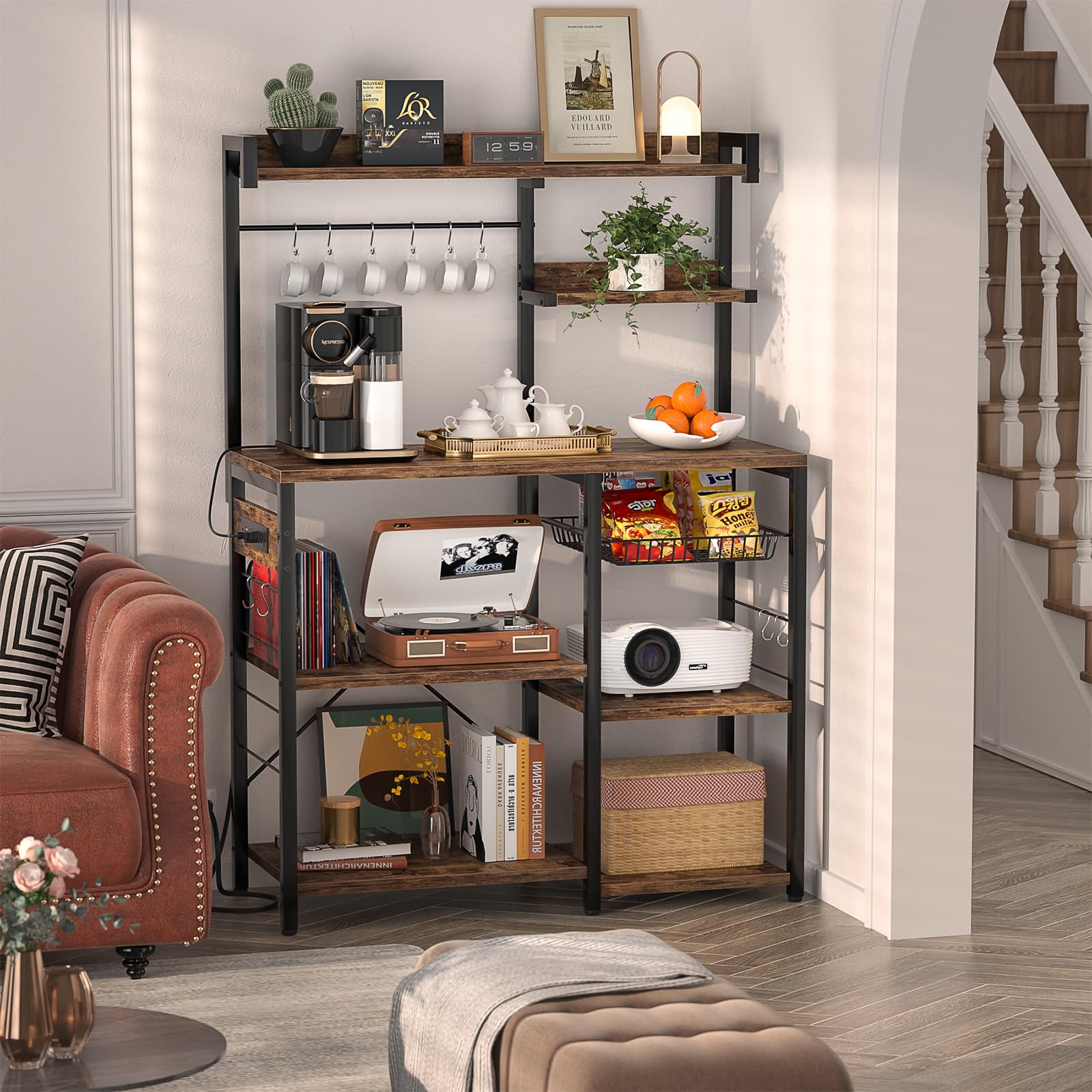 Aheaplus Rustic Brown Bakers Rack with Power Outlet & LED Lights - Microwave Stand, Kitchen Storage Shelf with Wire Baskets, Coffee Bar Station & 10 Hooks for Spices & Pots - Perfect for Small Kitchens, Apartments & Coffee Stations