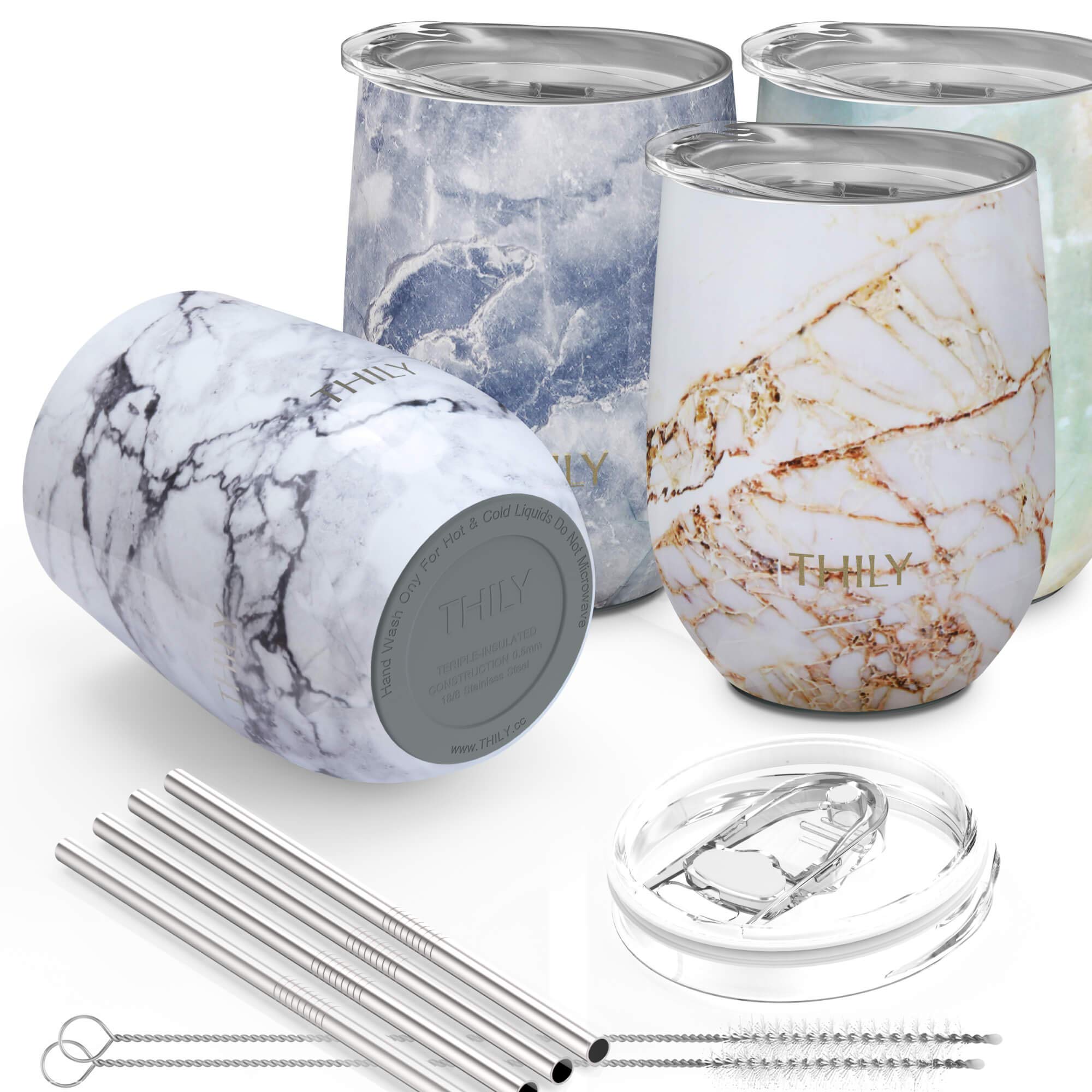 THILY 12 oz Stainless Steel Stemless Wine Tumbler 4 Pack - Vacuum Insulated Travel Wine Glasses with Sliding Lids & Straws, Keeps Drinks Cold for Juice, Coffee & Beer (4 Different Marble Colors) - Perfect for Picnics, Camping & Outdoor Parties