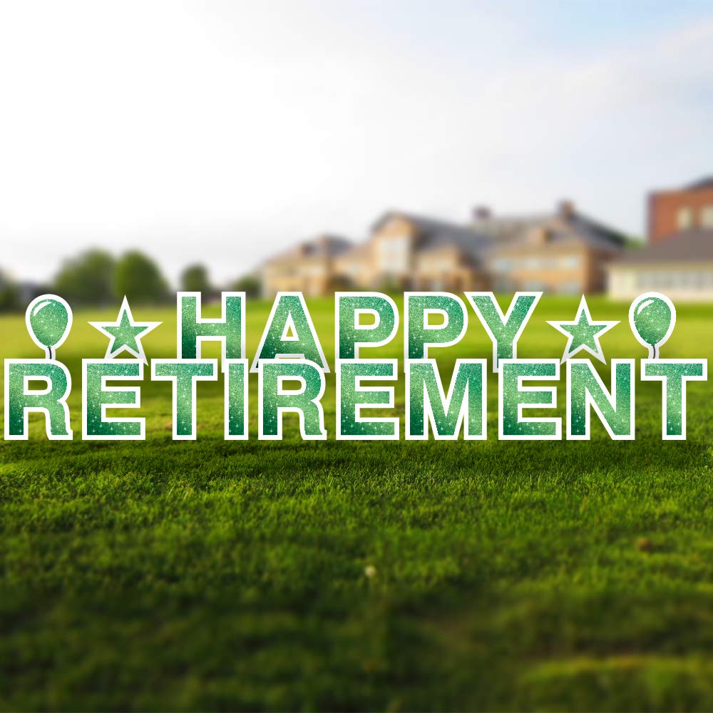 Happy Retirement Yard Sign – 18in Tall Corrugated Plastic Retirement Party Decor with Stakes & Emojis - Perfect Outdoor Retirement Gift for Colleagues, Friends & Family - Faux Glitter Green - Ideal for Retirement Parties, Office Celebrations & Backyard Decorations