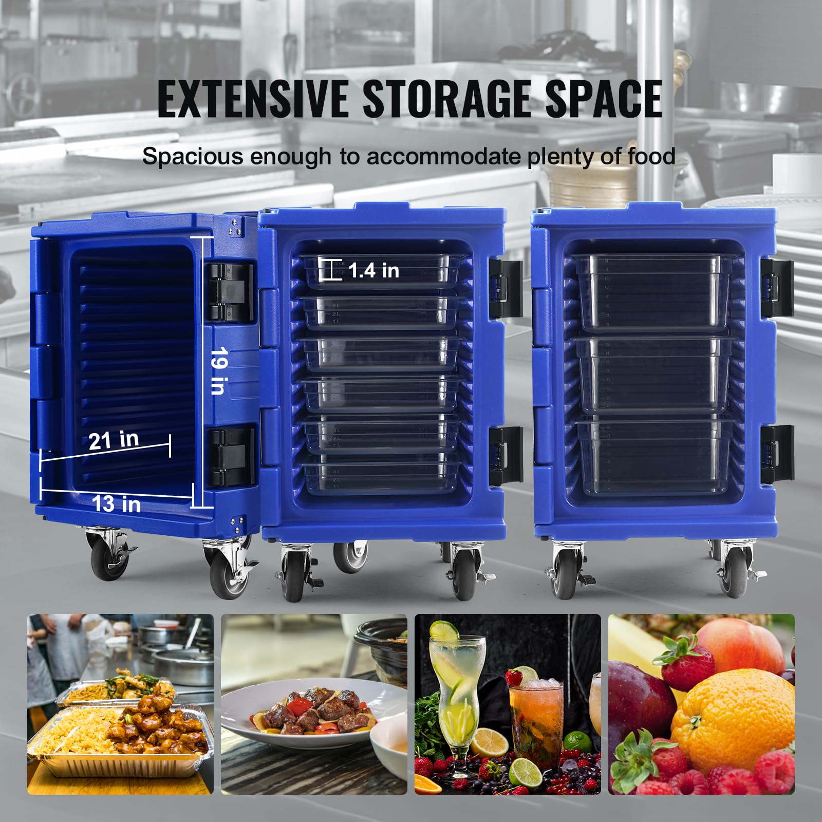 VEVOR 95 Qt Insulated Food Pan Carrier - Hot Box Catering Equipment with LLDPE Construction, One-Piece Buckle & Wheels - Front Loading Food Warmer with Handles for Restaurants, Canteens, Buffets - Perfect for Keeping Meals Hot During Catering Events, School Lunches & Hospital Food Service (Blue)
