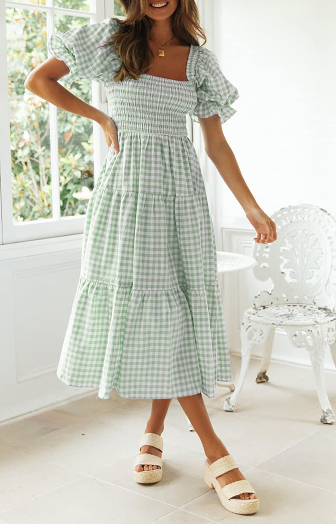 ZESICA Women's 2025 Bohemian Summer Plaid Square Neck Puff Sleeve Ruffle Flowy Midi Dress - Beach Vacation, Outdoor Party & Casual Wear