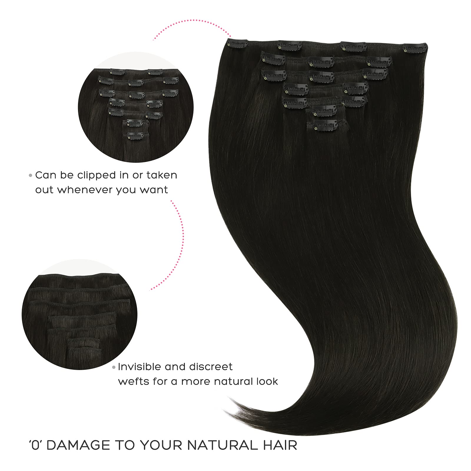 Marat Clip in Human Hair Extensions 24 Inch 120g - Natural Black Straight Removable Hair Extensions for Women - Perfect for Daily Wear, Parties & Special Occasions