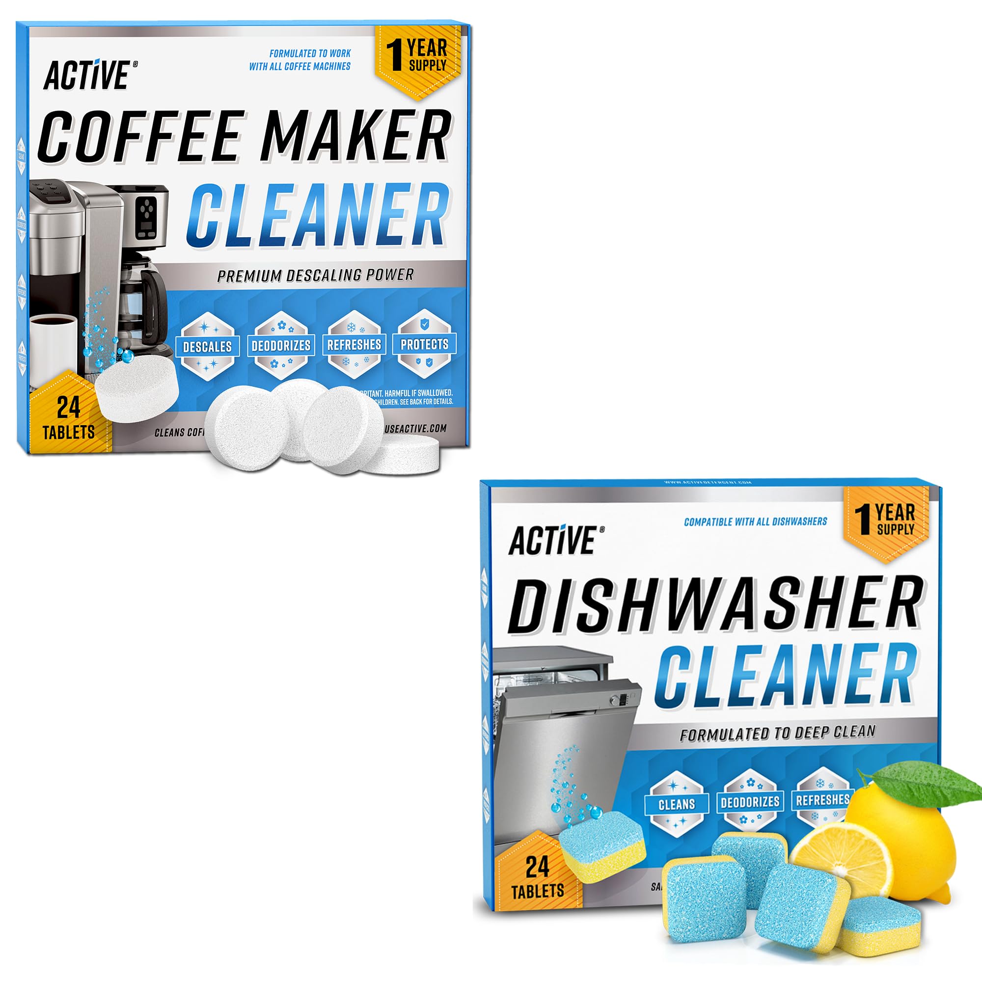 ACTIVE Coffee Maker Cleaner & Dishwasher Cleaner - 24ct Descaling Tablets for Coffee Machines + 24ct Dishwasher Cleaning Tablets | Deep Clean & Maintain Appliances for Fresh Coffee & Spotless Dishes