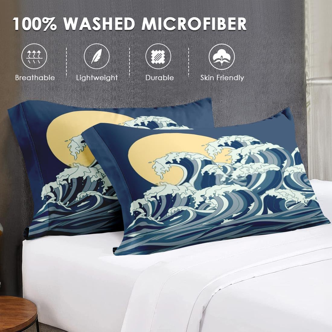 Japanese Ocean Themed King Size Comforter Set - Soft Asian Bedding for Kids & Adults with 2 Pillowcases | Moon & Sun Blue Bedroom Decor for Cozy Sleep & Stylish Home