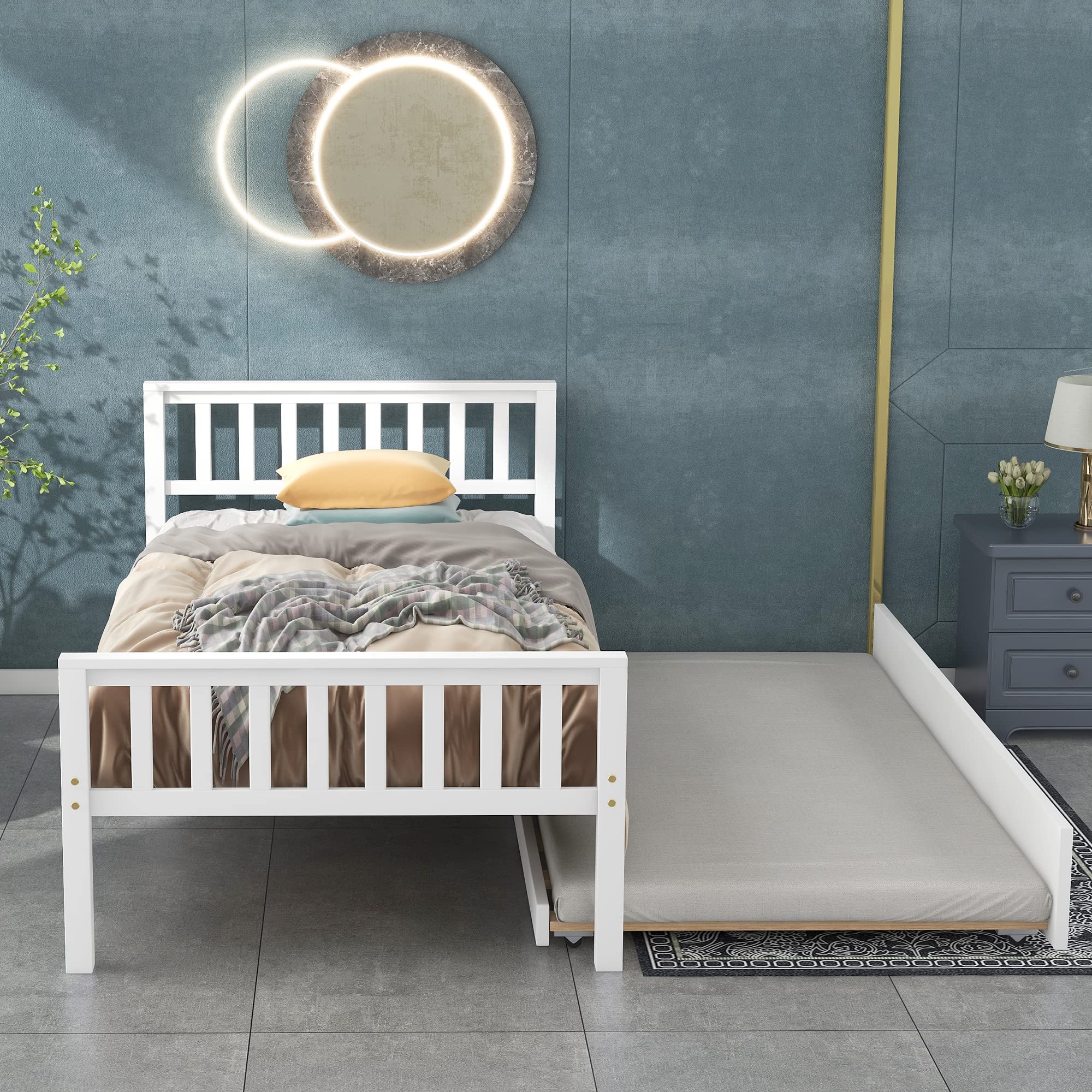 White Wooden Twin Bed with Trundle - Platform Bed Frame with Headboard & Footboard for Small Spaces | No Box Spring Needed | Perfect for Guest Rooms, Kids' Bedrooms & Studio Apartments