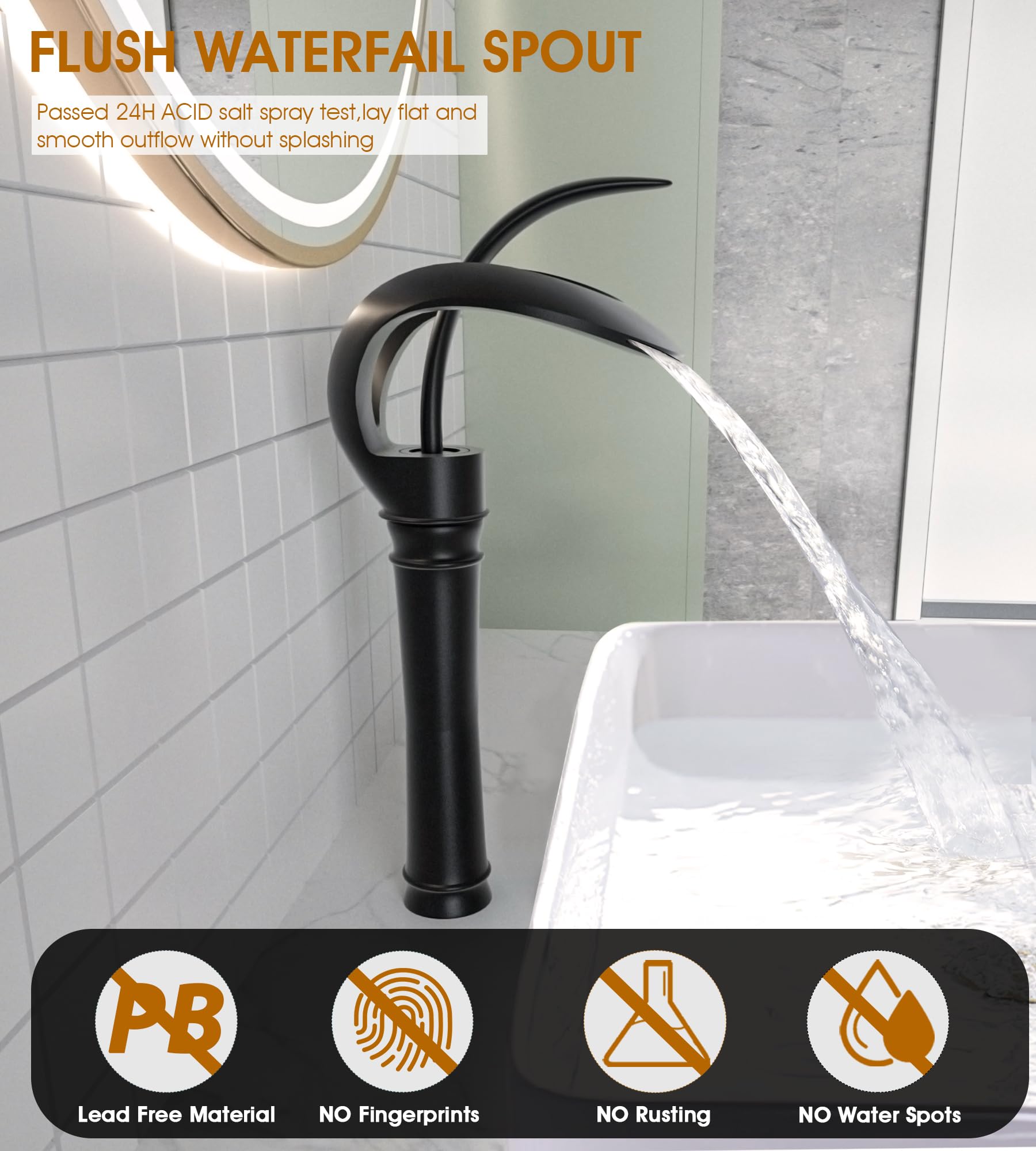 AUU Matte Black Waterfall Single Hole Bathroom Sink Faucet - Solid Brass Tall Vessel Faucet with Pop-Up Drain & Supply Line - Perfect for Modern Vanities & Luxury Bathroom Renovations (Black, Tall)