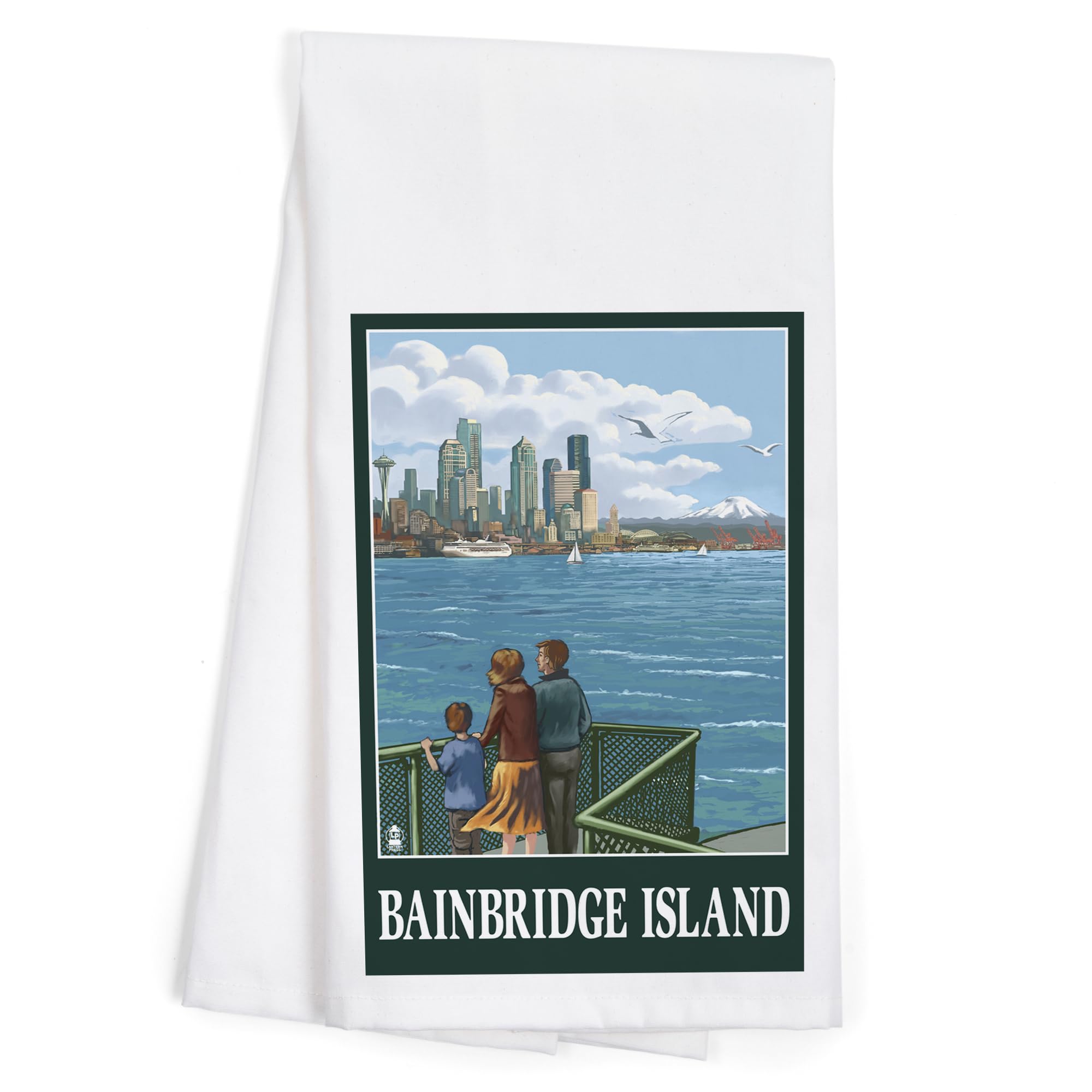 Lantern Press Bainbridge Island Washington Ferry and Seattle 100% Cotton Tea Towel - Decorative Kitchen Hand Towel for Dish Drying, Home Decor & Gift
