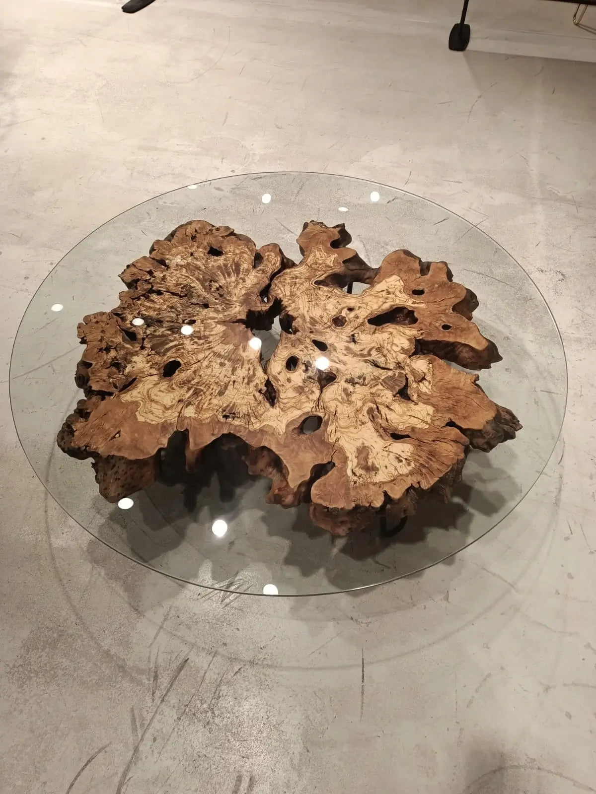 Handcrafted Olive Wood Rustic Coffee Table with Tempered Glass Top - Perfect for Living Room, Farmhouse & Modern Home Decor