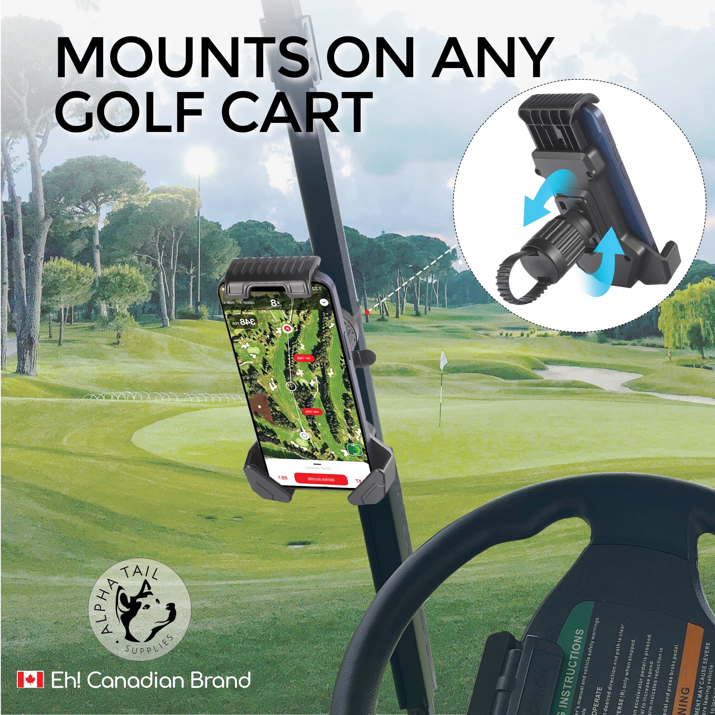 AlphaTailSupplies Golf Cart Phone Holder - Universal Mount for Golf Carts, Push Carts & Alignment Sticks | Secure Cell Phone Mount for Golfing, Biking, Boating & Strollers | Durable Hands-Free Device Holder for Outdoor Activities