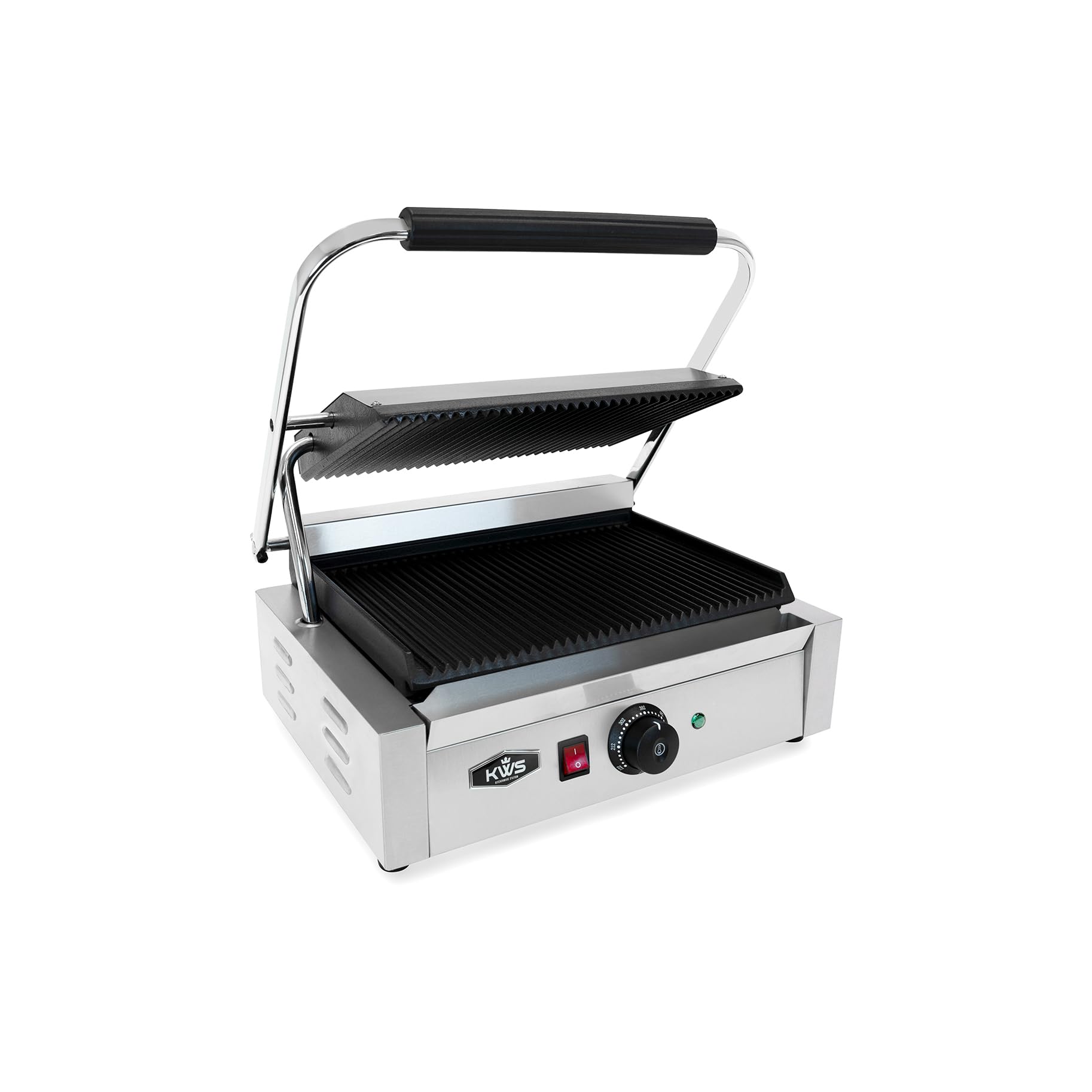 Premium 110V Commercial 1700W Electric Panini Press Grill with Non-Stick Grooved Plates - 13.5