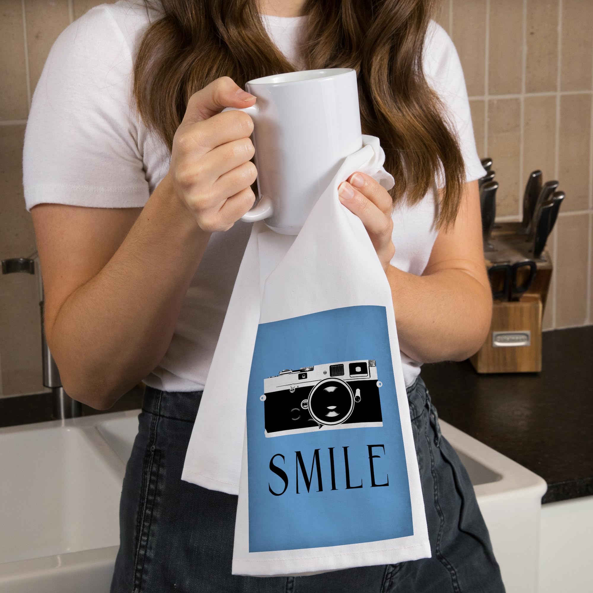 Lantern Press Smile Camera 100% Cotton Tea Towel - Decorative Kitchen Hand Towel for Home Decor, Dish Drying & Gift Giving