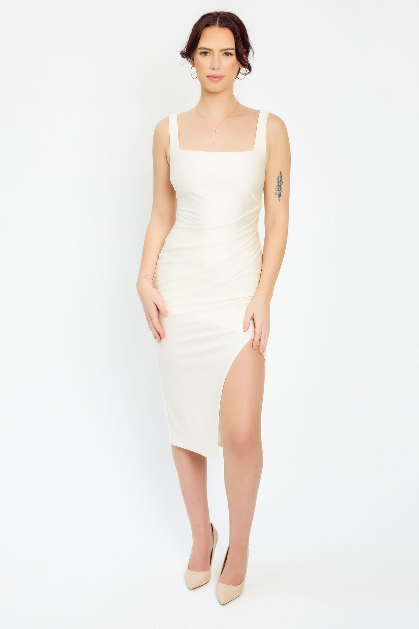 Elegant Satin Square Neck Midi Dress with Side Slit - Perfect for Cocktail Parties, Date Nights & Special Occasions