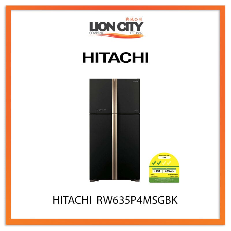 Hitachi 510L 4-Door French Door Bottom Freezer Refrigerator RW635P4MSGBK (Glass Black) - Energy Efficient Stainless Steel Fridge for Modern Kitchen & Large Family Use