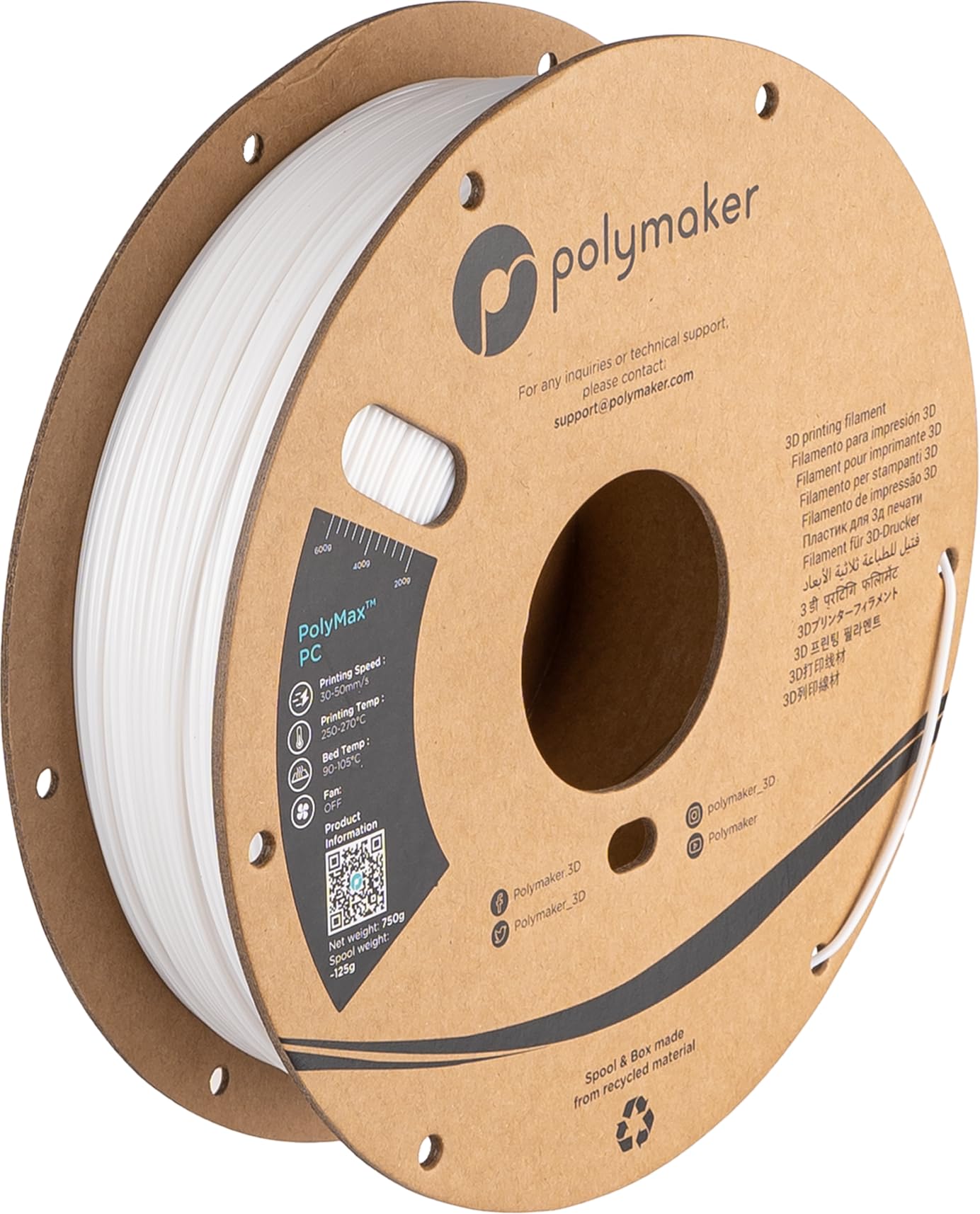 Polymaker Polymax Tough PC Filament 1.75mm - High Heat Resistant White Polycarbonate 3D Printer Filament (0.75kg Cardboard Spool) for Industrial Prototyping, Automotive Parts & Functional Models