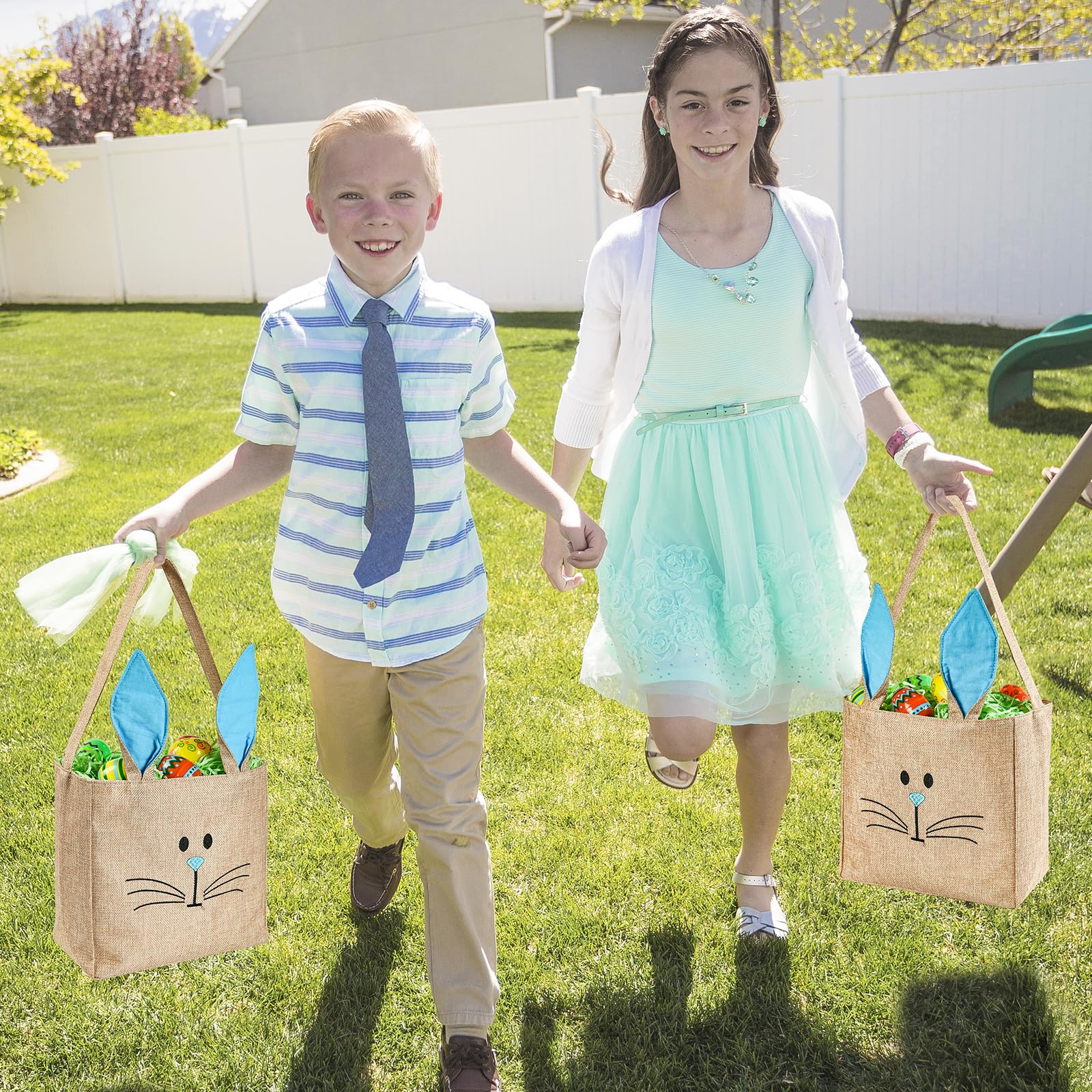 Easter Bunny Baskets - Pink Burlap Rabbit Tote Bags for Egg Hunt, Kids & Toddlers (Boys & Girls) - Perfect for Easter Party Favors, Spring Celebrations & Gift Giving