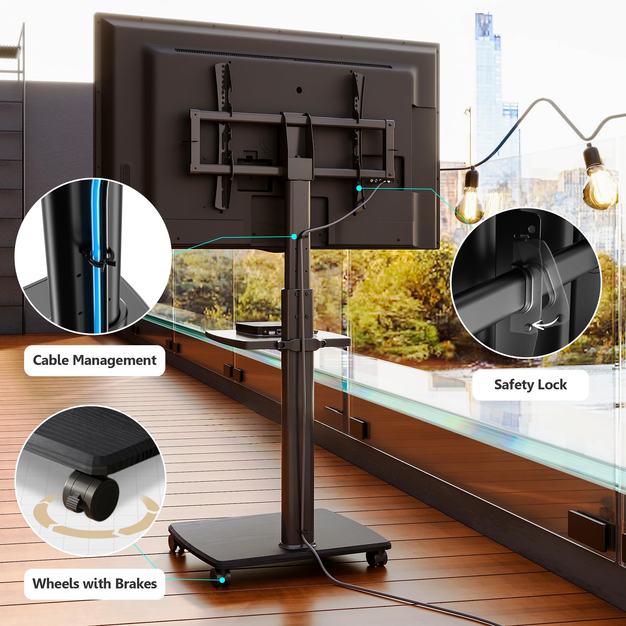 FITUEYES Rolling TV Stand with Swivel Mount - Mobile TV Cart on Wheels for 32 to 70 Inch Flat Screen TVs - Adjustable Height Floor TV Stand for Bedroom, Living Room, Home Office, Dorm & Outdoor Use - Black