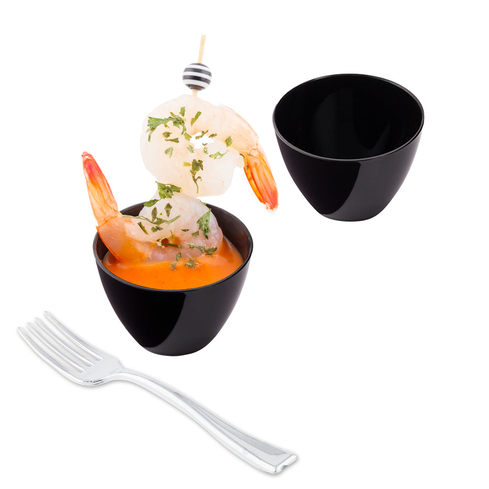 100 Pack 2 oz Round Black Plastic Mini Tasting Bowls with 100 Silver Plastic 4
