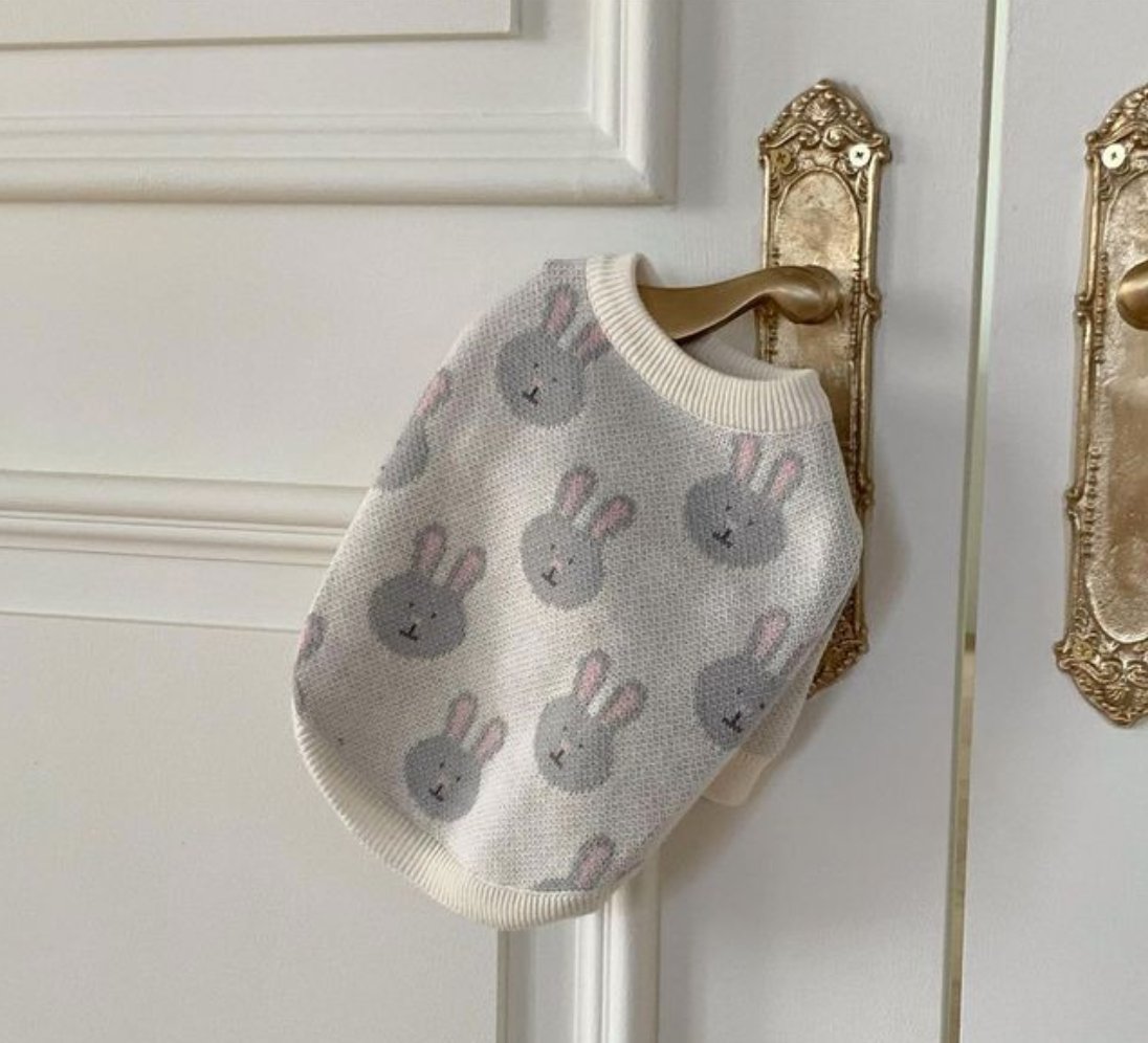 Rabbit Print Dog Sweater Grey - Cozy Winter Pet Clothes for Small Medium Dogs - Perfect for Outdoor Walks & Holiday Photos