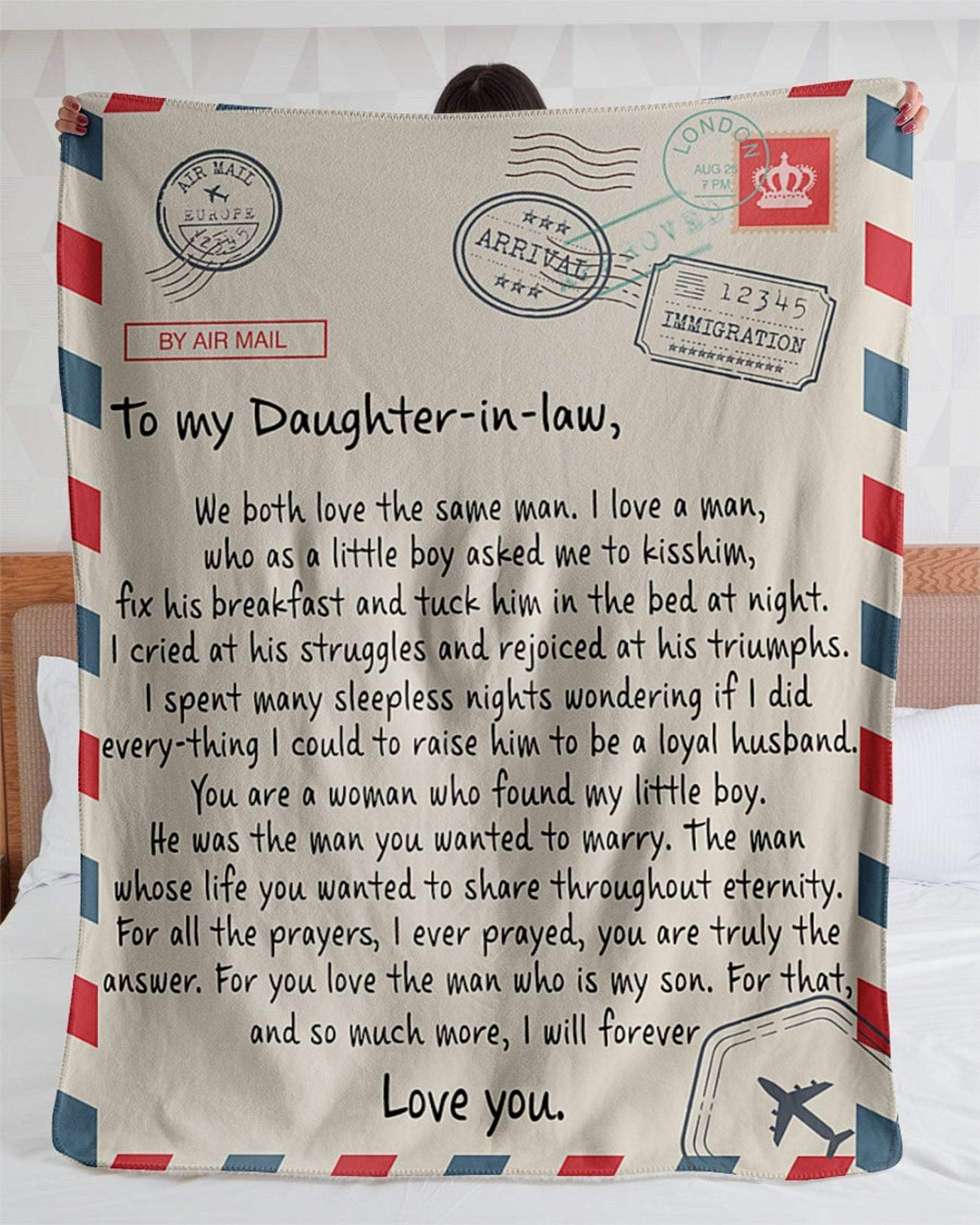 Personalized Fleece Sherpa Woven Blanket - Custom Air Mail Letter Design Birthday Gift for Daughter-in-Law | Cozy Throw Blanket for Home, Nursery & Travel | Best Thoughtful Present for Loved Ones