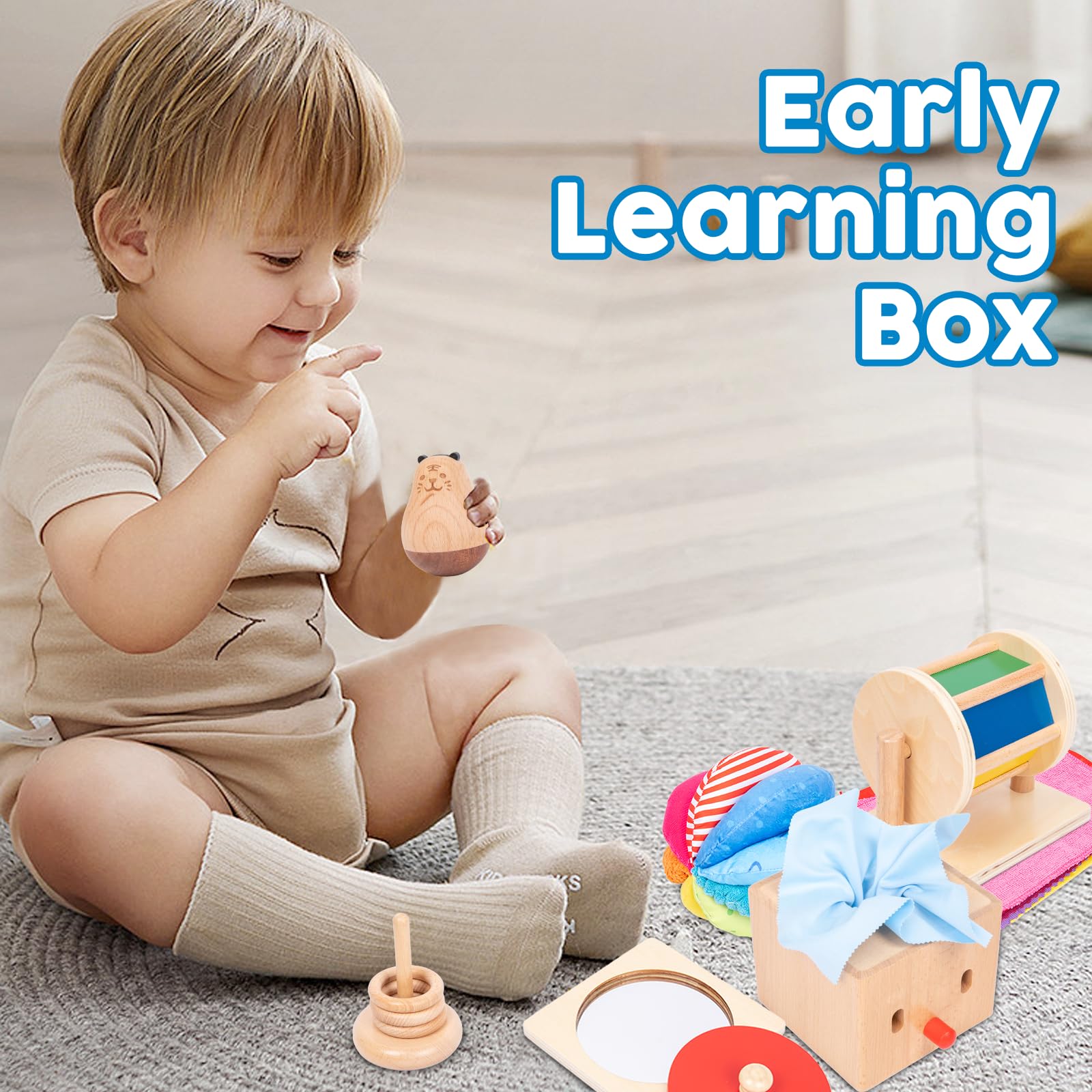 **Adena Montessori Play Kit for 5-6 Month Old Babies - 8-in-1 Learning & Educational Toys for Toddlers (Rainbow Spinning Drum, Mirror Puzzle, Baby Tissue Box & More) - Perfect Christmas & Birthday Gift for Boys & Girls - Ideal for Early Childhood Development & Sensory Play**