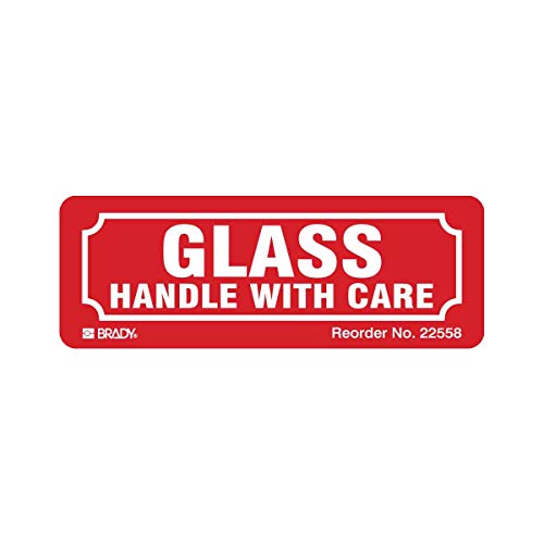 Brady Glass Handle with Care Labels - White on Red, 1.25