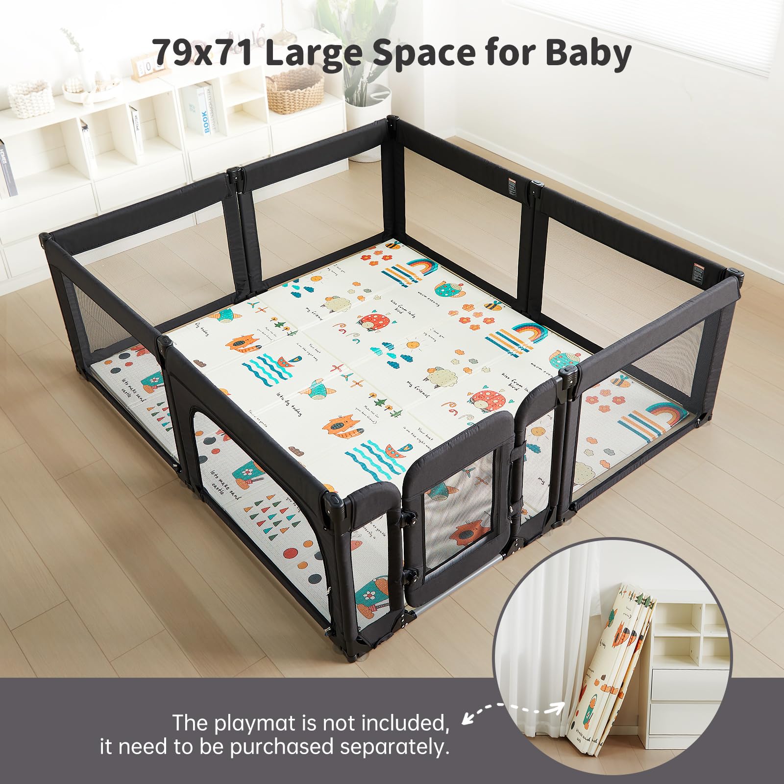 **Foldable Baby Playpen with Door - Adjustable Heavy-Duty Play Yard for Toddlers & Infants - Large Safety Play Area Fence - Ideal for Home, Nursery & Outdoor Use - Black**