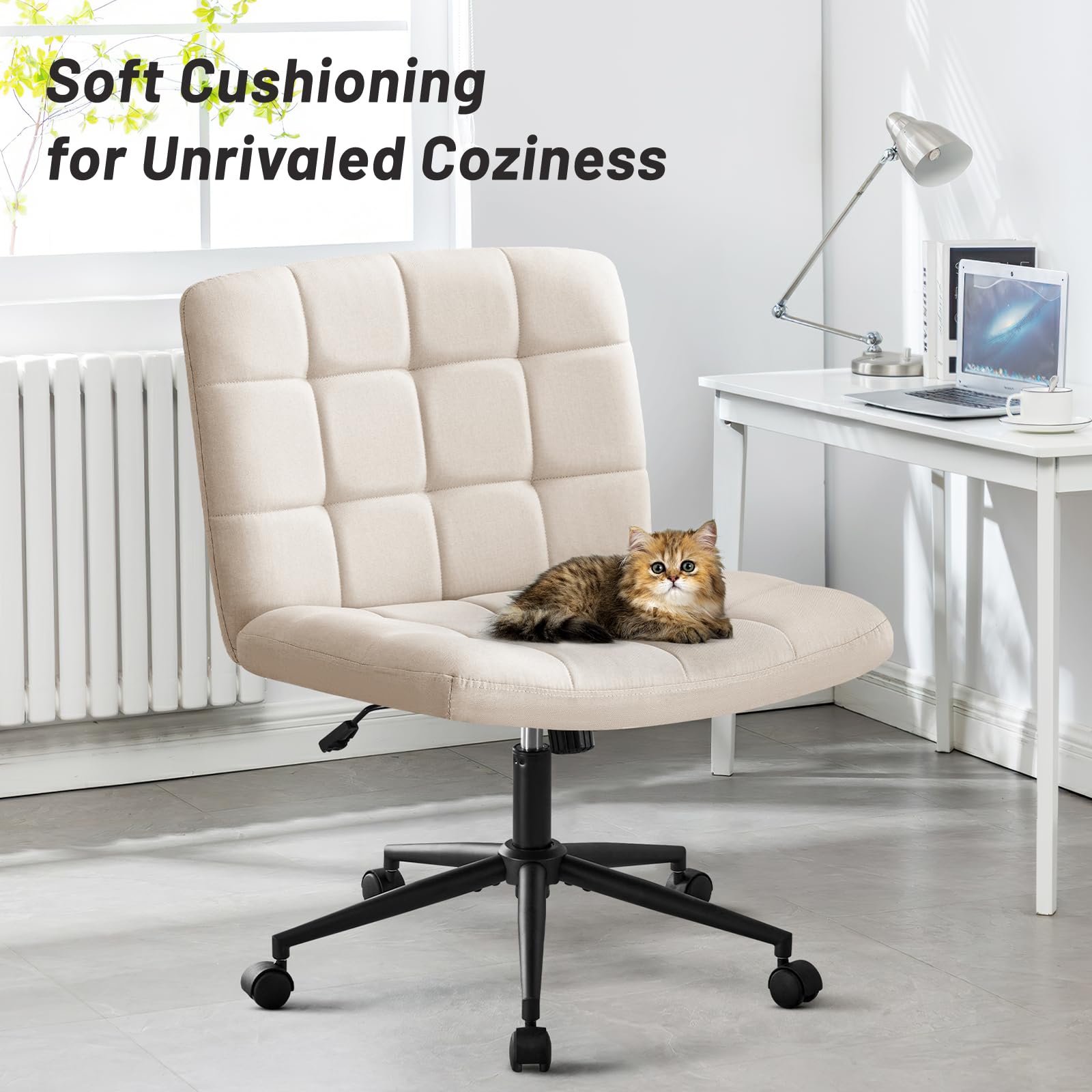 Furniliving Ergonomic Home Office Desk Chair with Wheels - Criss Cross Leg Base, Wide Seat, Armless & Height Adjustable Mid Back Swivel Chair for Work, Study, Gaming - Linen Beige Accent Vanity Chair for Small Spaces