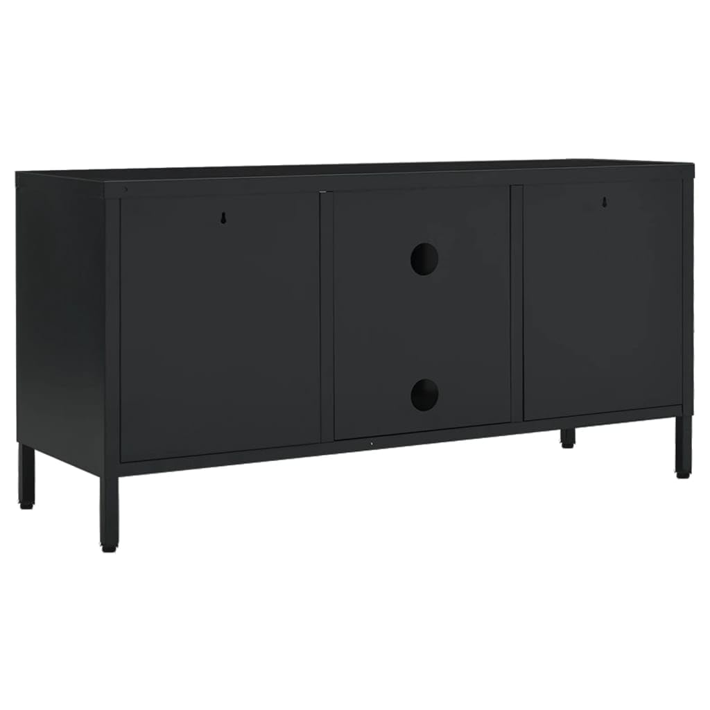 Modern Black TV Stand Cabinet - Sturdy Steel & Glass Construction with Adjustable Shelf - Spacious Storage for Living Room, Bedroom, Home Theater - Easy to Assemble & Clean