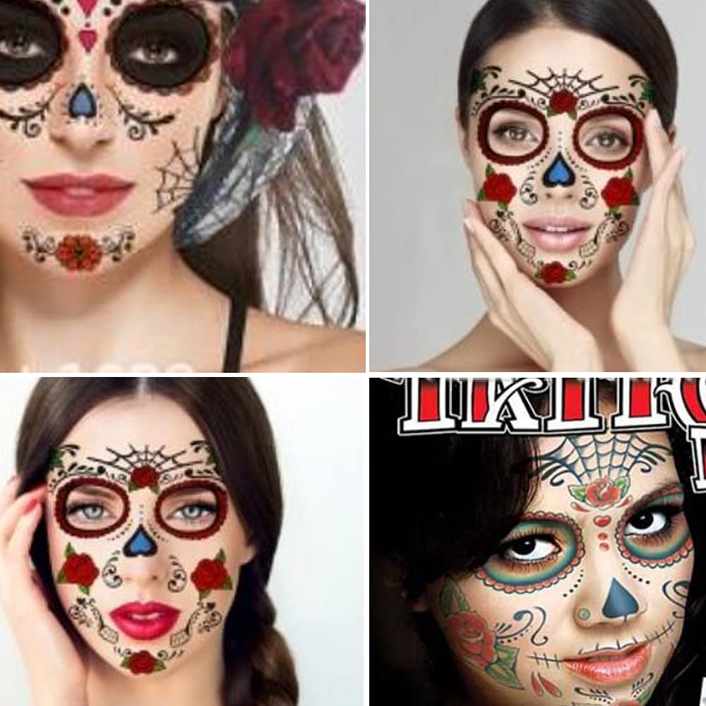 4 Pack Day of the Dead Temporary Tattoos - Sugar Skull Face Stickers for Halloween Makeup, Women's Costume Accessories & Masquerade Party Favors - Perfect for Dia de los Muertos Celebrations, Halloween Parties & Cosplay
