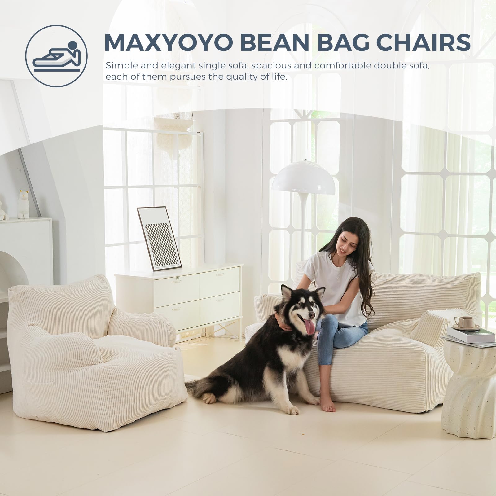 MAXYOYO Oversized Bean Bag Chair for Adults - 2 Seater Loveseat Bean Bag Couch with Filler, Large Comfortable Lounge Chair for Living Room, Bedroom or Game Room - Soft Beige Fabric