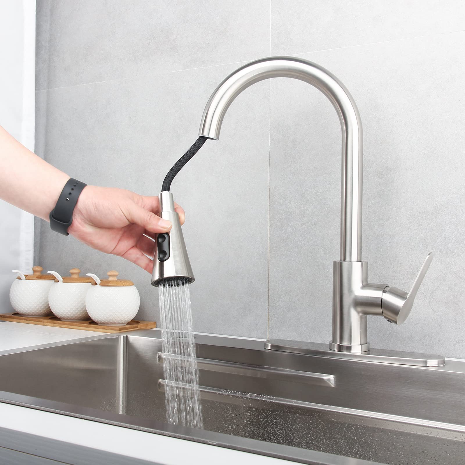 Modern Single Handle Pull Down Sprayer Kitchen Faucet - Brushed Nickel Stainless Steel Commercial Sink Faucet with Deck Plate | Perfect for Home & Restaurant Kitchens
