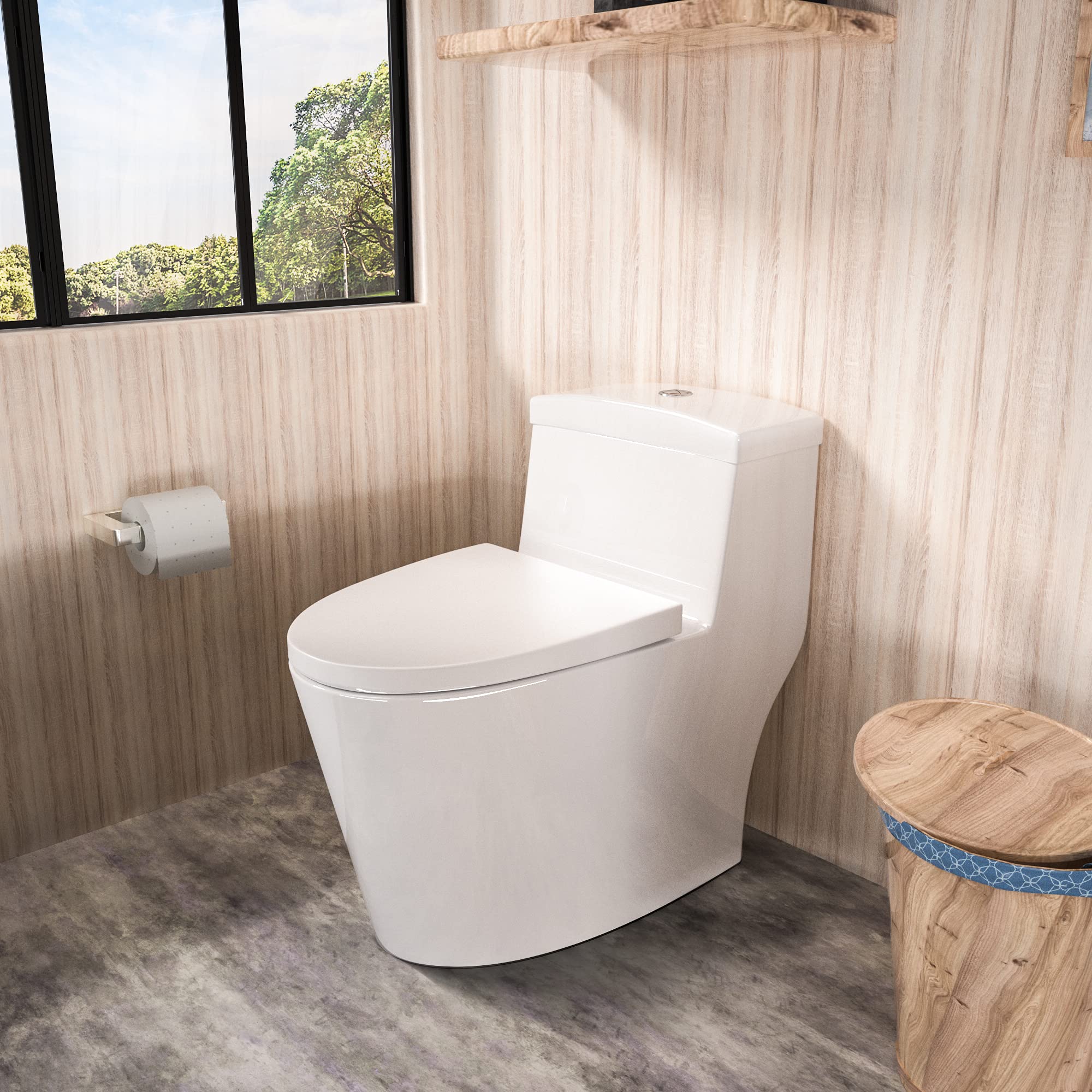 Sarlai One Piece Toilet - Comfort Height Dual Flush Elongated White Ceramic Modern Bathroom Toilet with Soft Seat, 12
