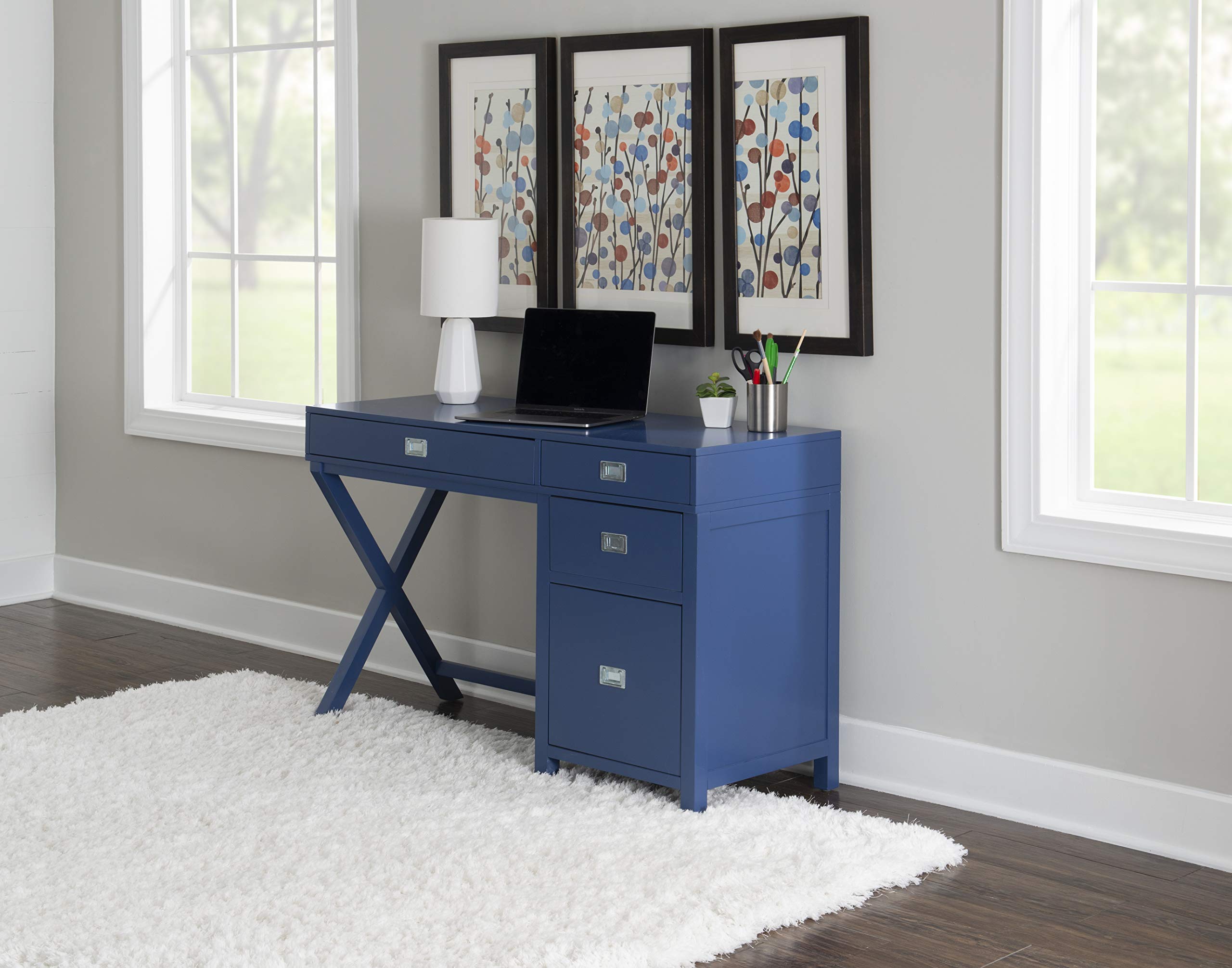 Linon Sadie Navy Blue Modern Classic Side Storage Desk - Stylish Home Office Furniture with Drawers for Organization | Perfect for Small Spaces, Dorm Rooms & Workspaces